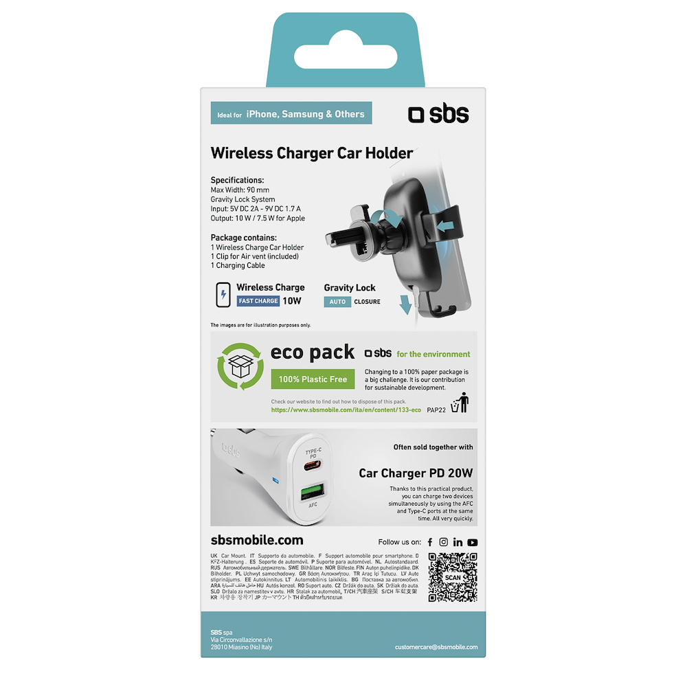 SBS TESUPGRAVWIRLITE10W - Supporto Auto Gravity con Ricarica