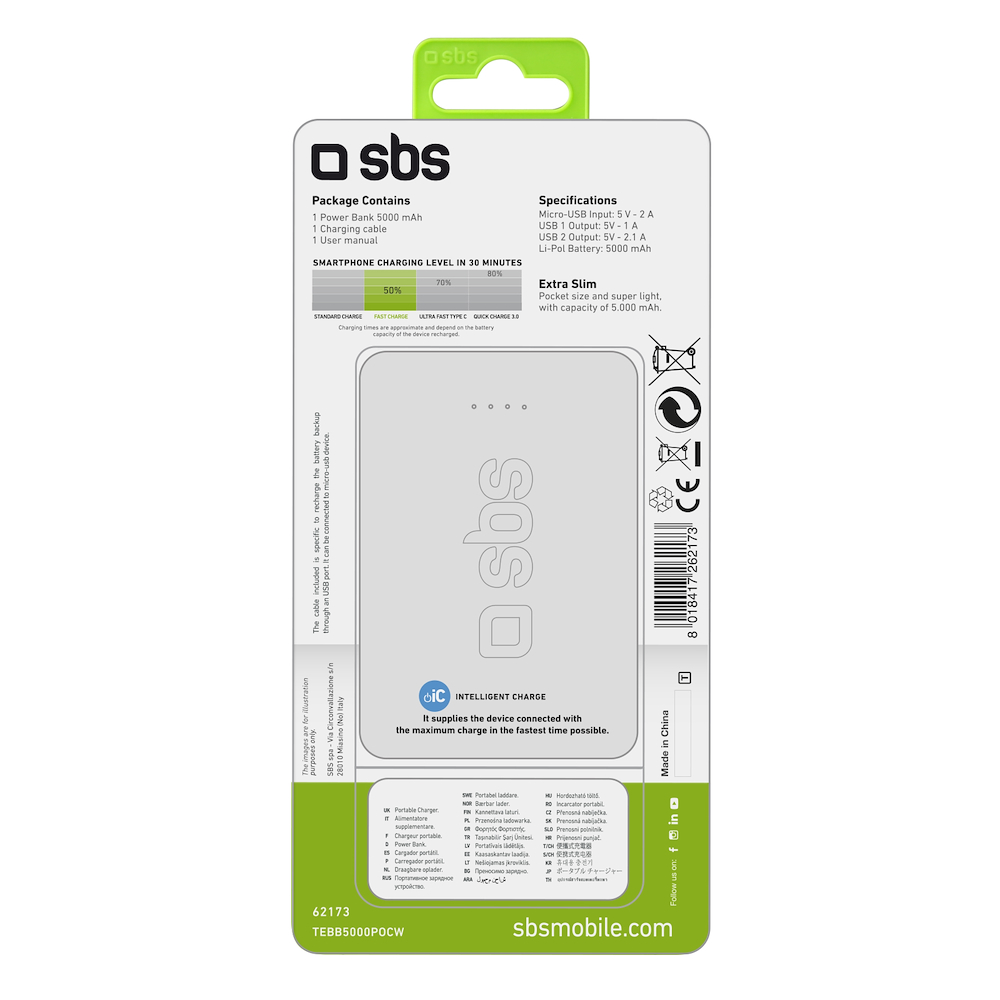 SBS TEBB5000POCW - Power Bank 5000mAh 2USB Pocket Bianco