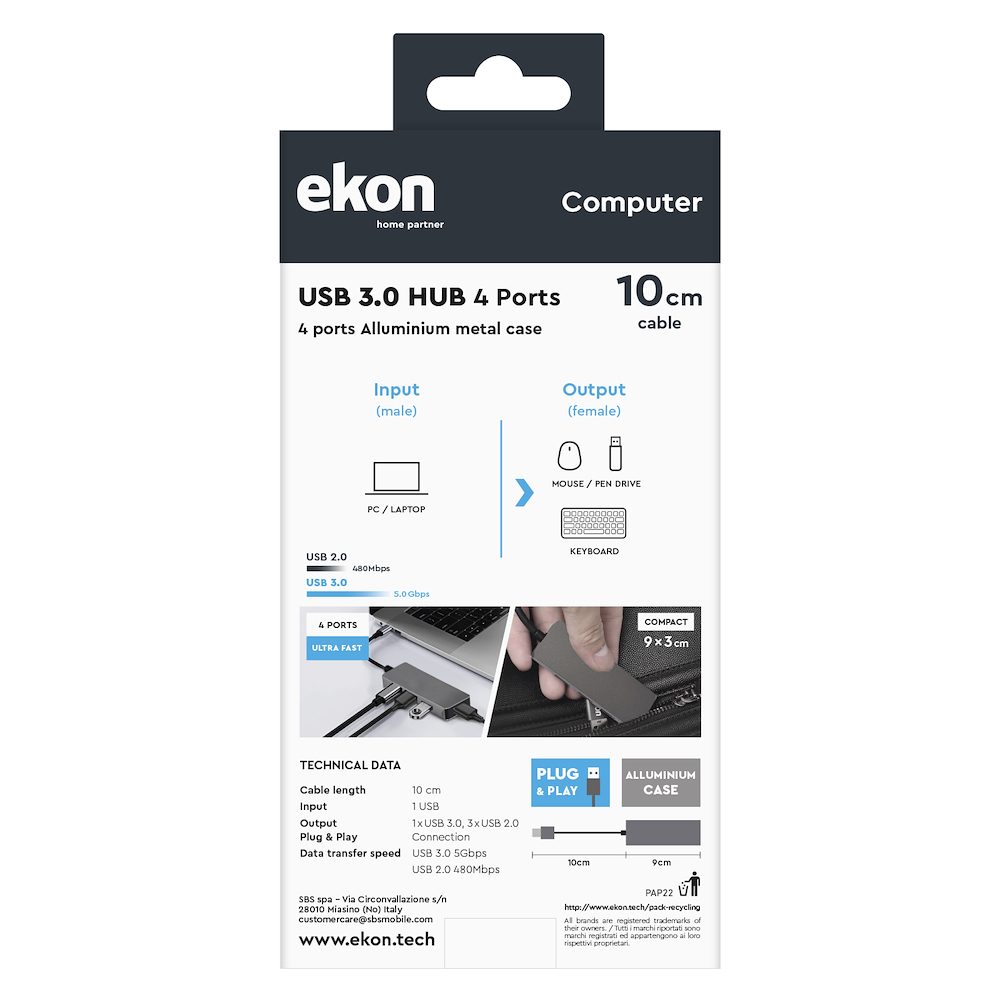 EKON ECITHUB320USBIN - USB Hub 3 in 1 Aluminium