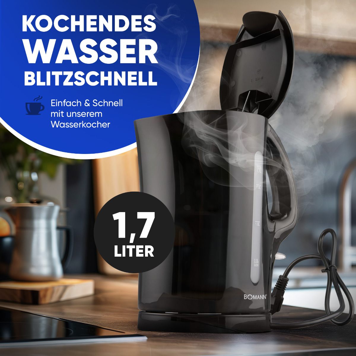 Bomann WK6079CB - Wasserkocher 1,7 Liter Schwarz