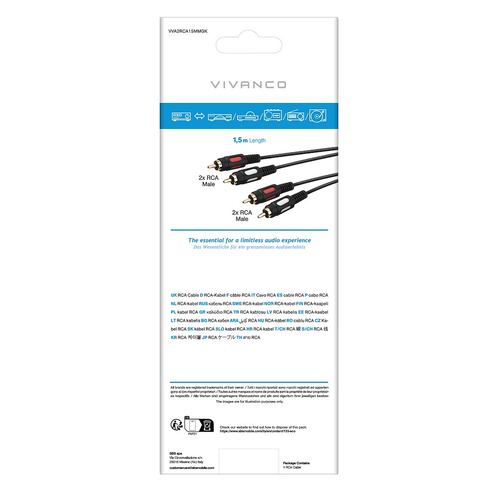 VIVANCO VVA2RCA15MMGK - Cavo RCA stereo oro 1.5m