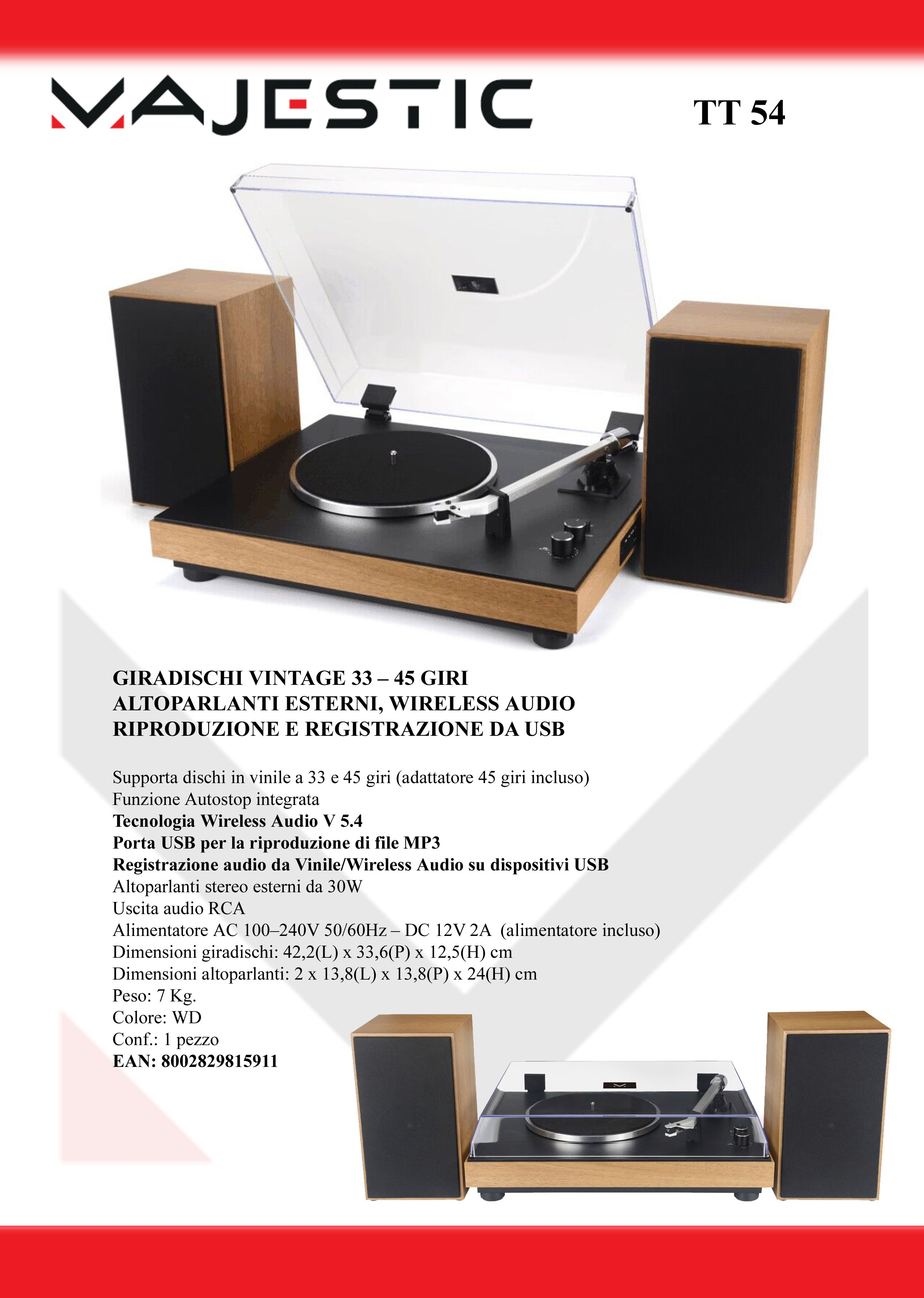MAJESTIC TT54VD - Giradischi Vintage con USB