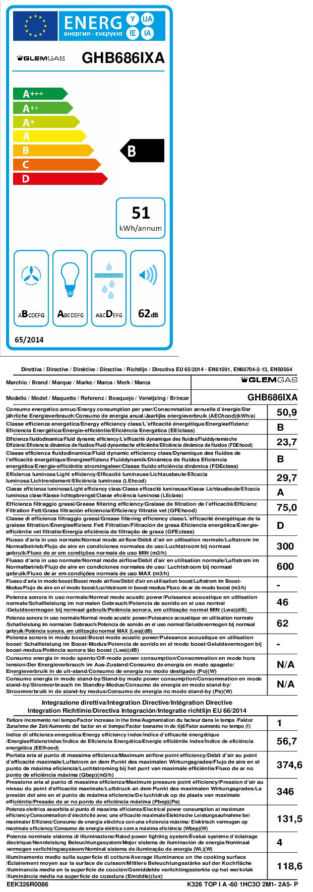 GLEM GAS GHB686IXA - Cappa decorativa a parete 60 cm B