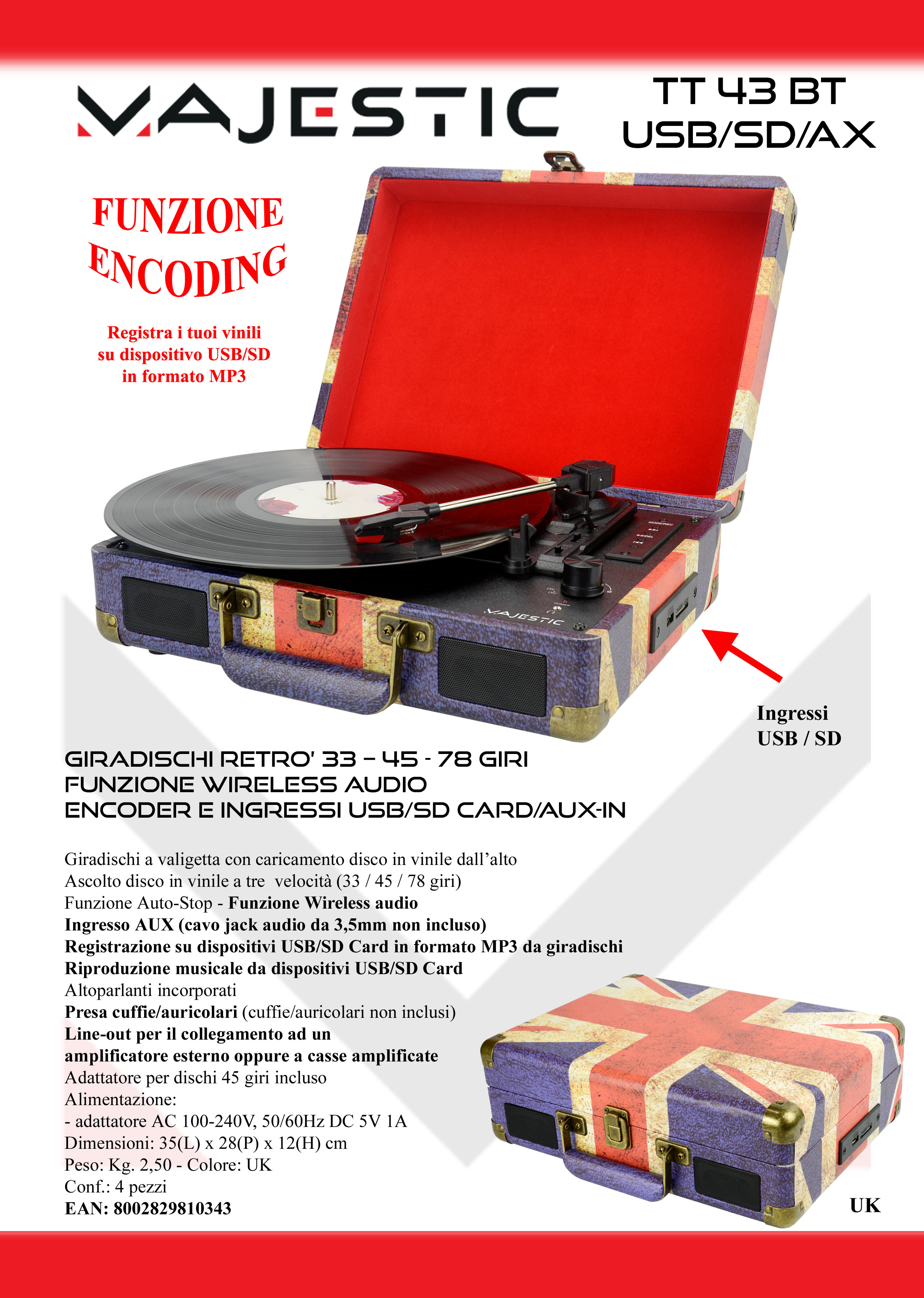 MAJESTIC TT43BTUSBSDAXUK - Giradischi Vintage Majestic Bluetooth