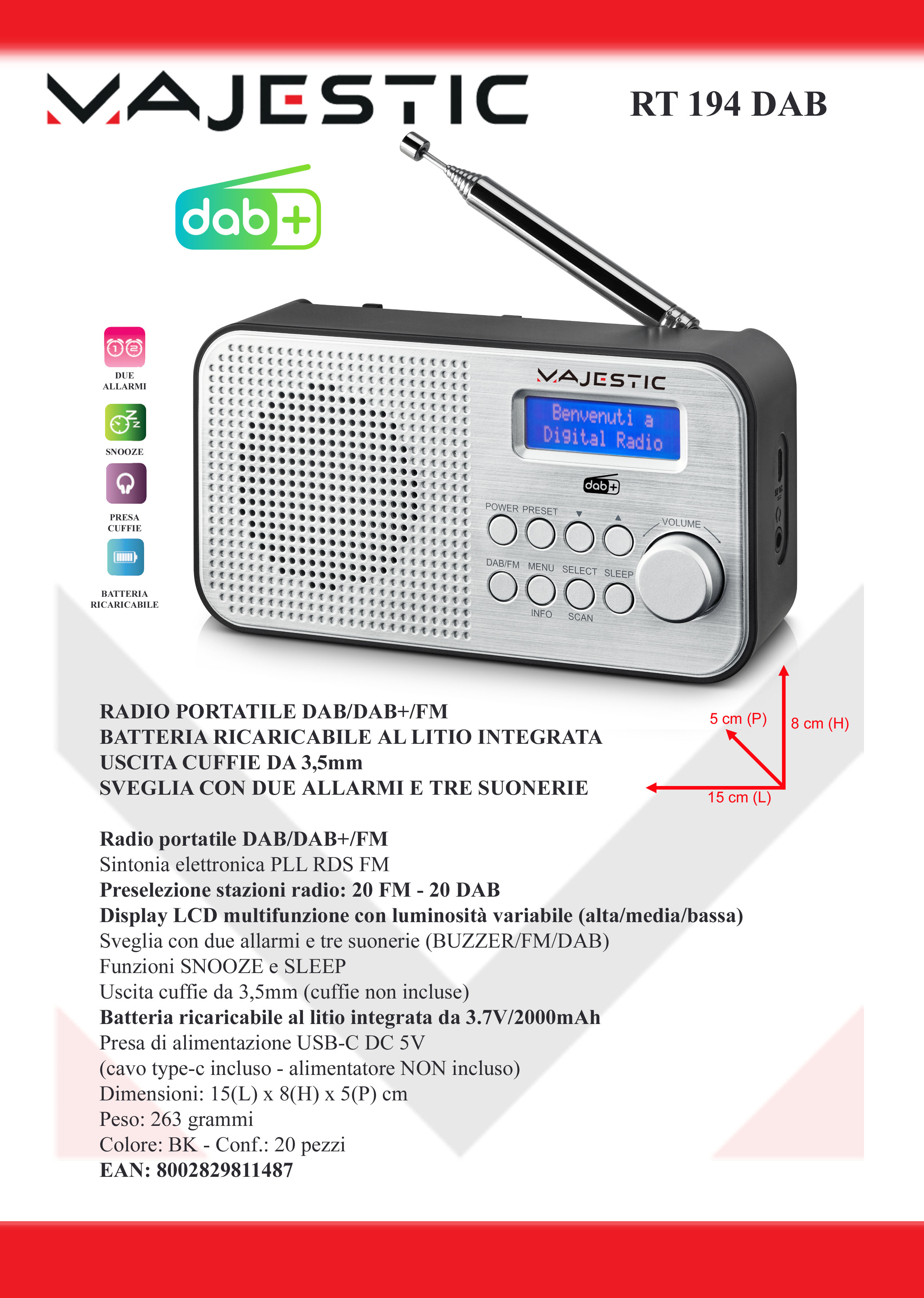 MAJESTIC RT194DAB - Radio sveglia portatile DAB FM