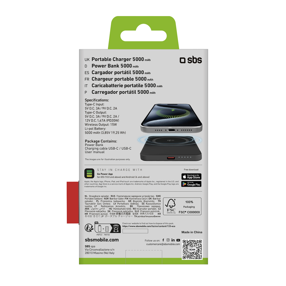 SBS TEBB5000QI2 - Powerbank Qi 25000mAh NERO