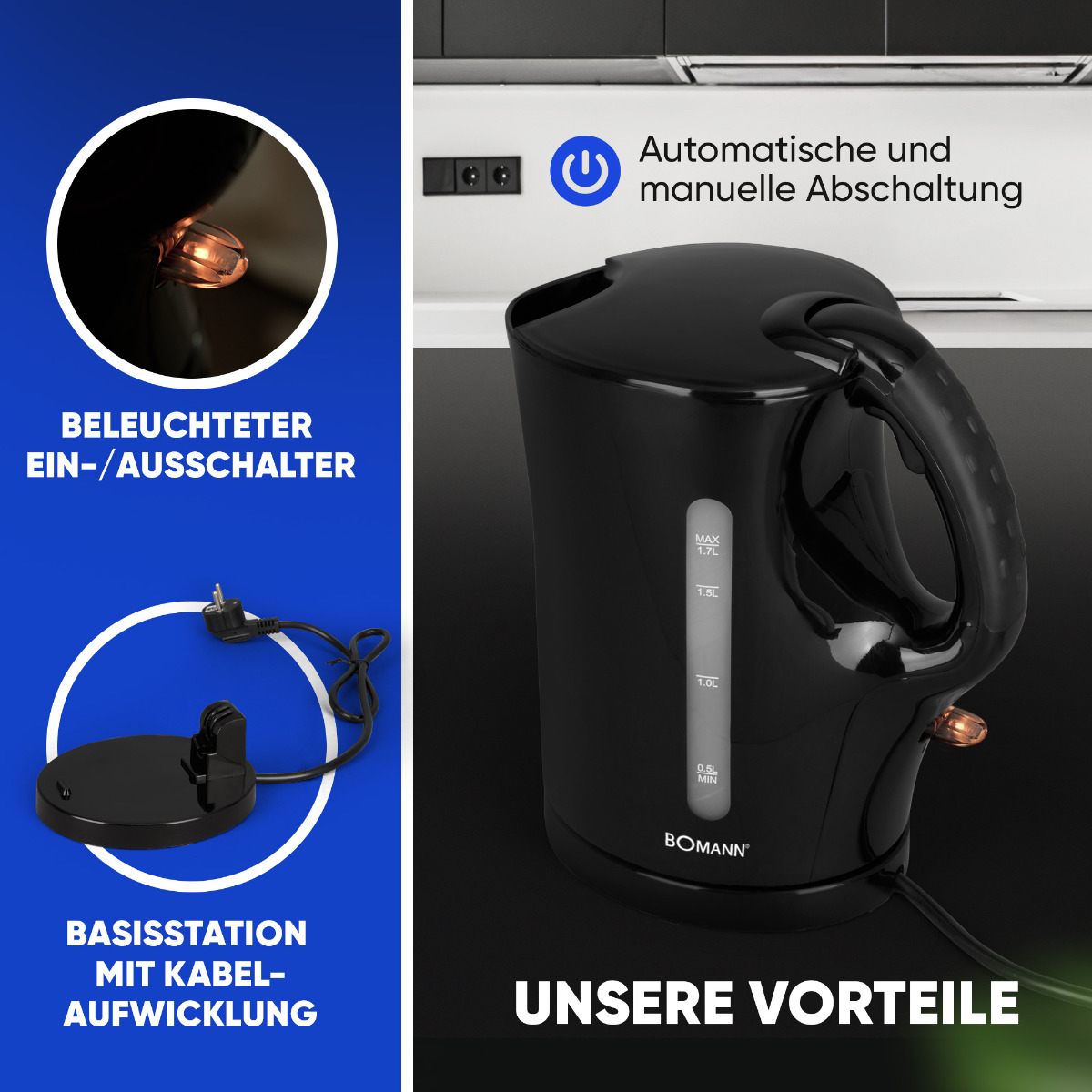Bomann WK6079CB - Wasserkocher 1,7 Liter Schwarz