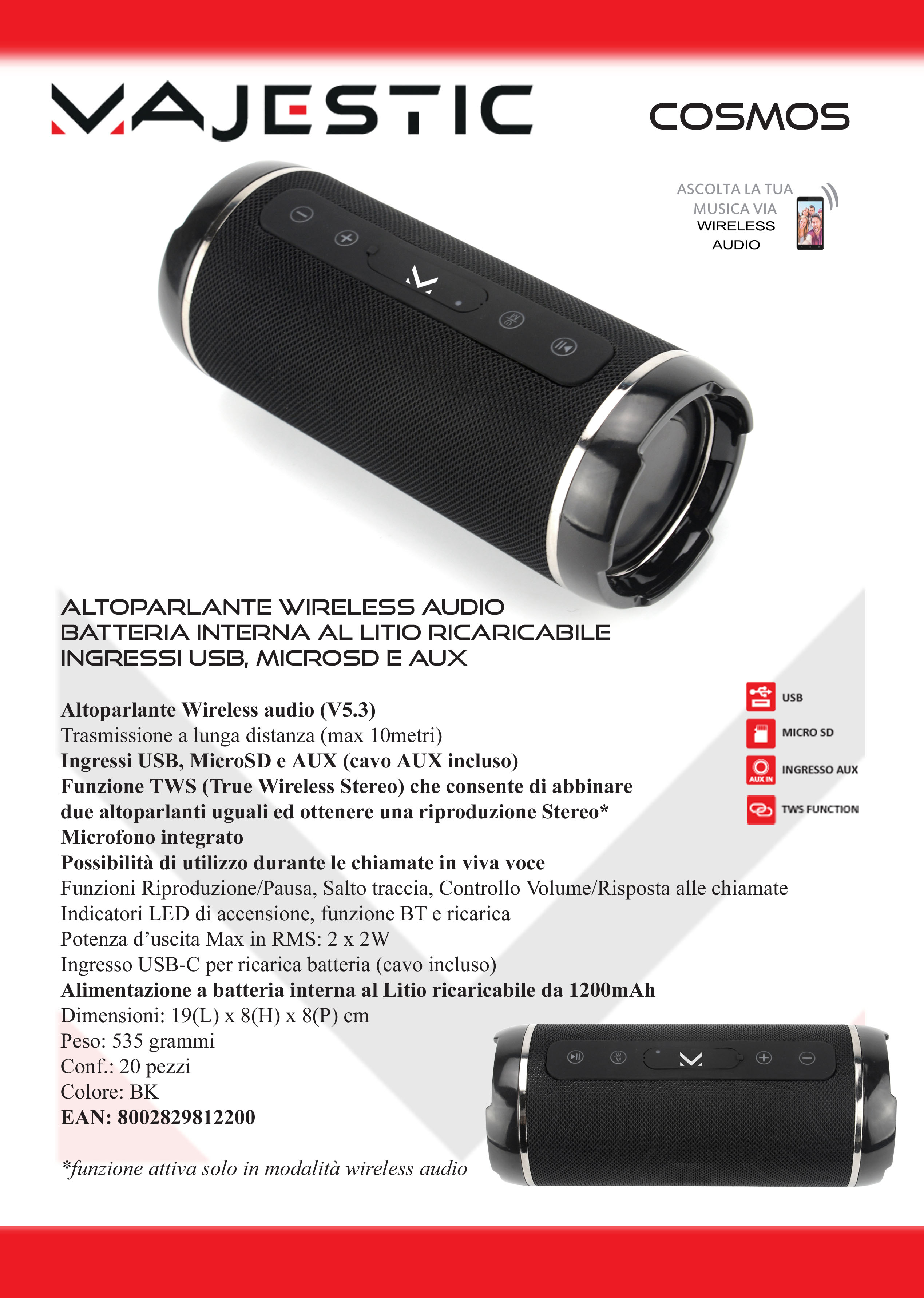 MAJESTIC COSMOSBLACK - Altoparlante Bluetooth Portatile COSMOS