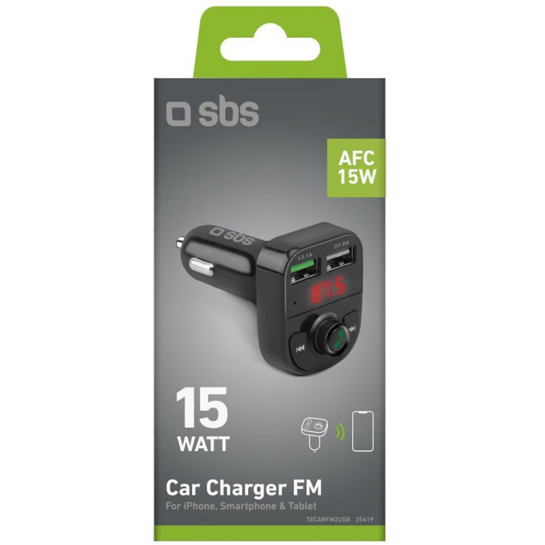 SBS TECARFM2USB - 15W Kfz-Ladegerät mit FM-Transmitter