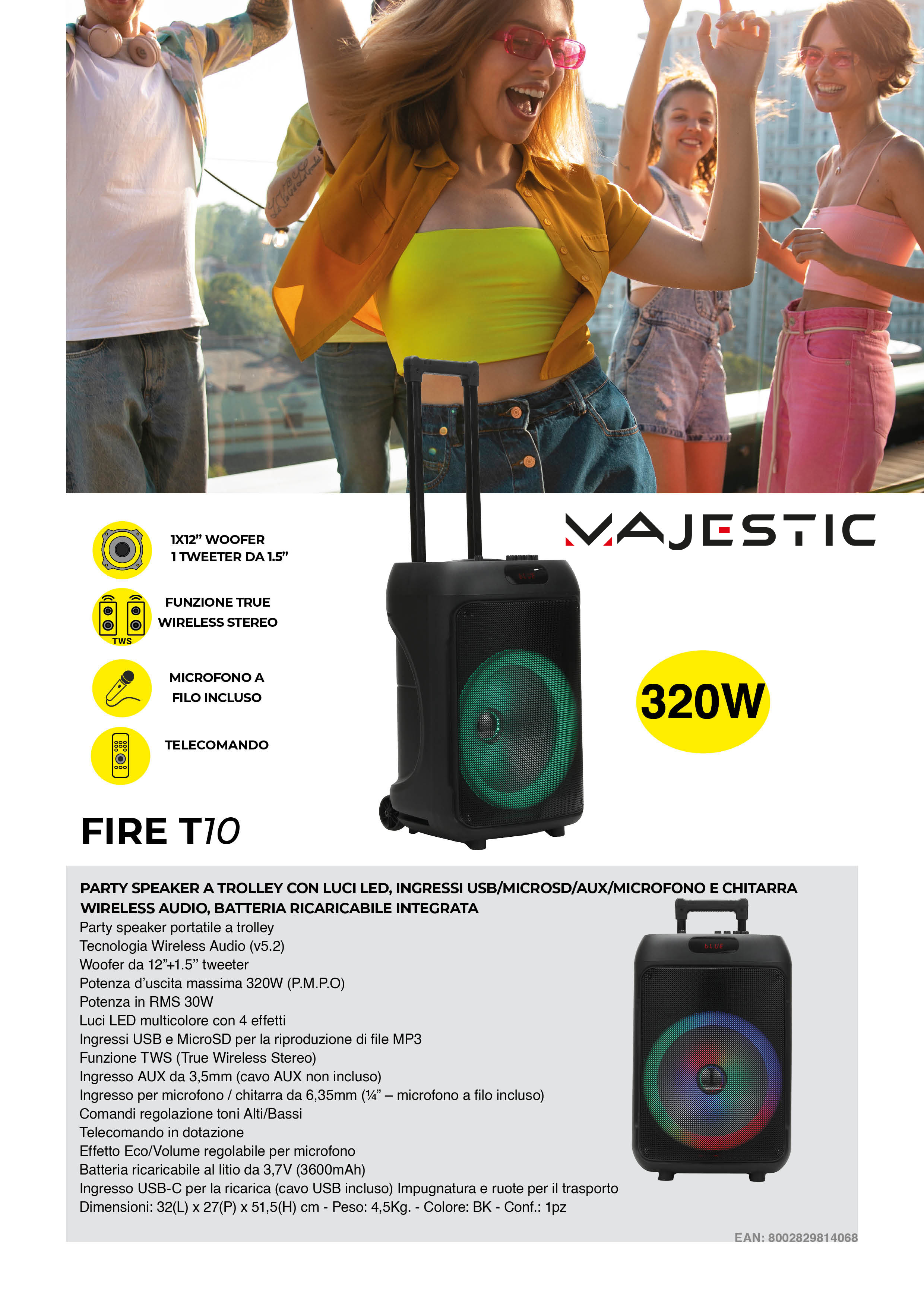 MAJESTIC FIRE10 - FIRE T10 Altoparlante Bluetooth per feste