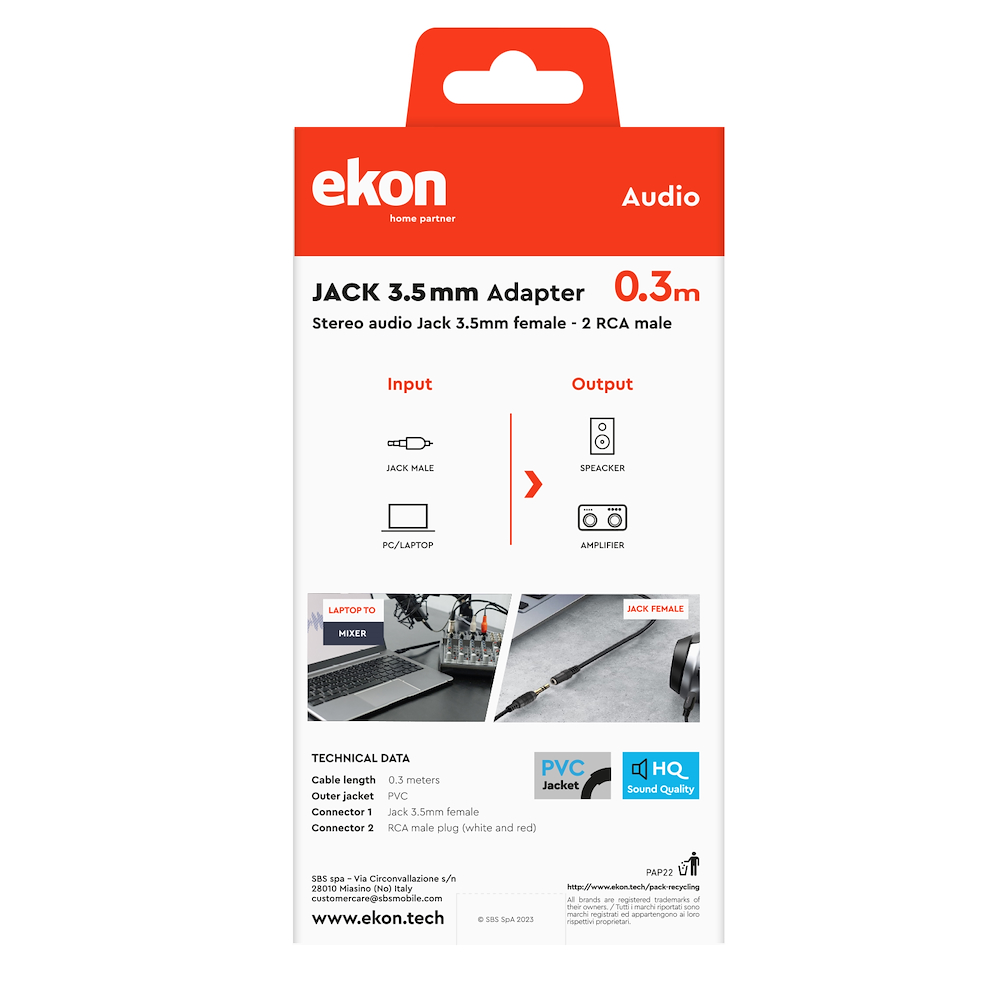 EKON ECAJACK2RCA03FM - Cavo 3.5mm a 2 RCA 30cm