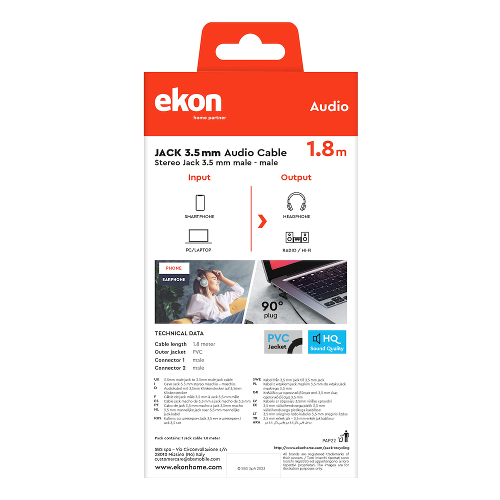 EKON ECAJACK1890MMK - Cavo Jack 3.5mm Gold 90 Gradi 1.8mt