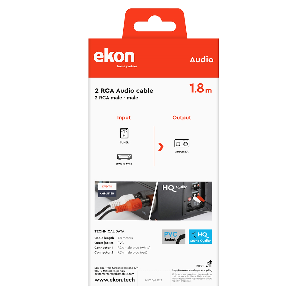 EKON ECA2RCA18MM - Cavo 2 RCA Maschio 1.8mt