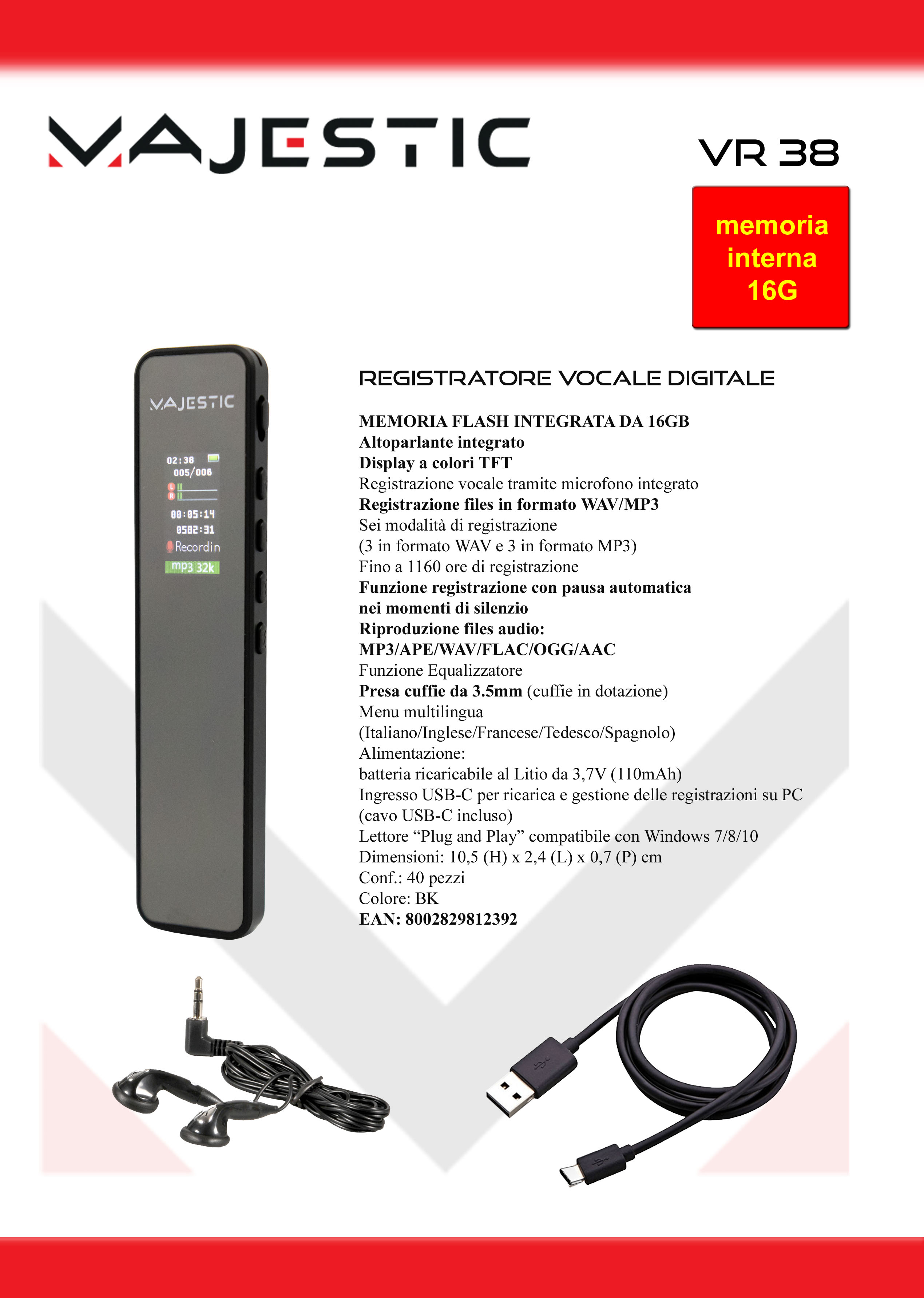MAJESTIC VR38 - Registratore Vocale Digitale 16GB