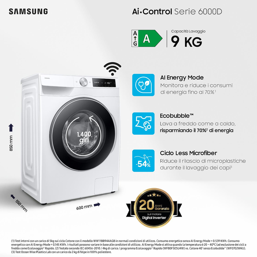 SAMSUNG WW90DG6U25LEU3 - Lavatrice Samsung 6000D Ai•Control A