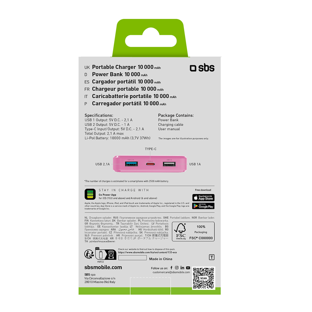 SBS TTBB10000FASTP - Power Bank 10000mAh Rosa