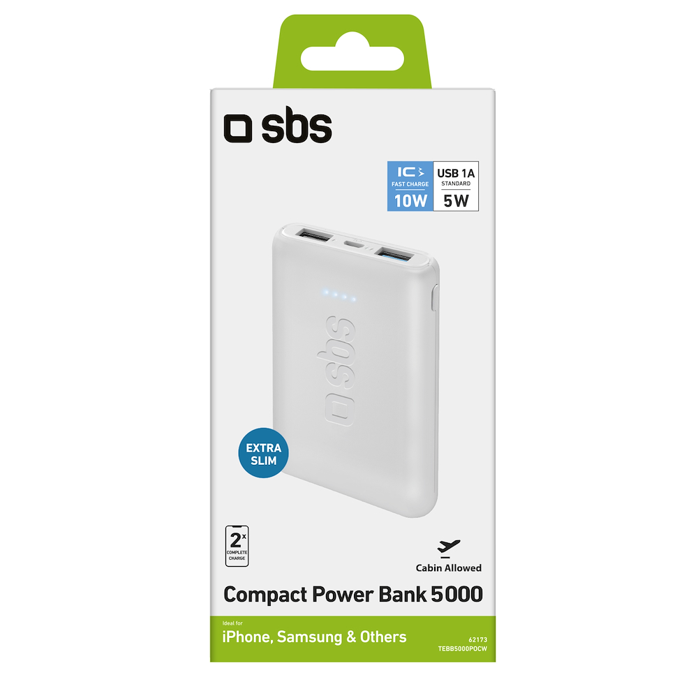 SBS TEBB5000POCW - Power Bank 5000mAh 2USB Pocket Bianco