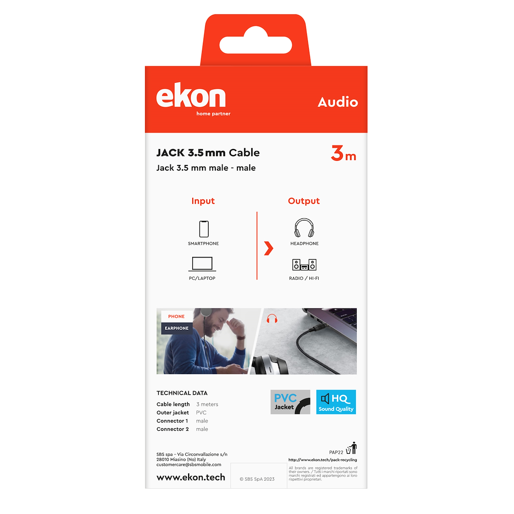 EKON ECAJACK30MMK - Cavo audio stereo Jack 3,5 mm 3 m
