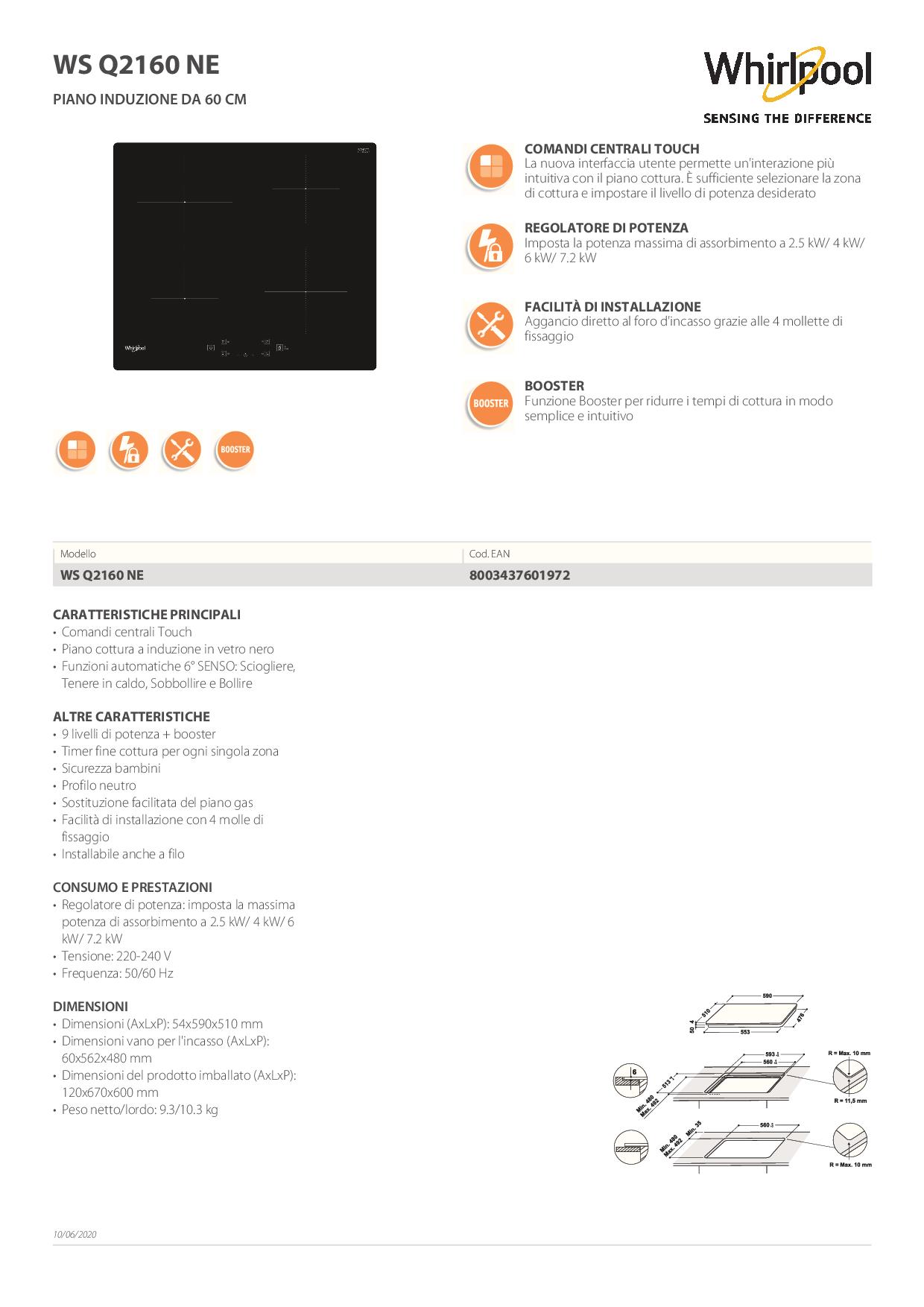 WHIRLPOOL WSQ2160NE - Piano Induzione 60cm Whirlpool