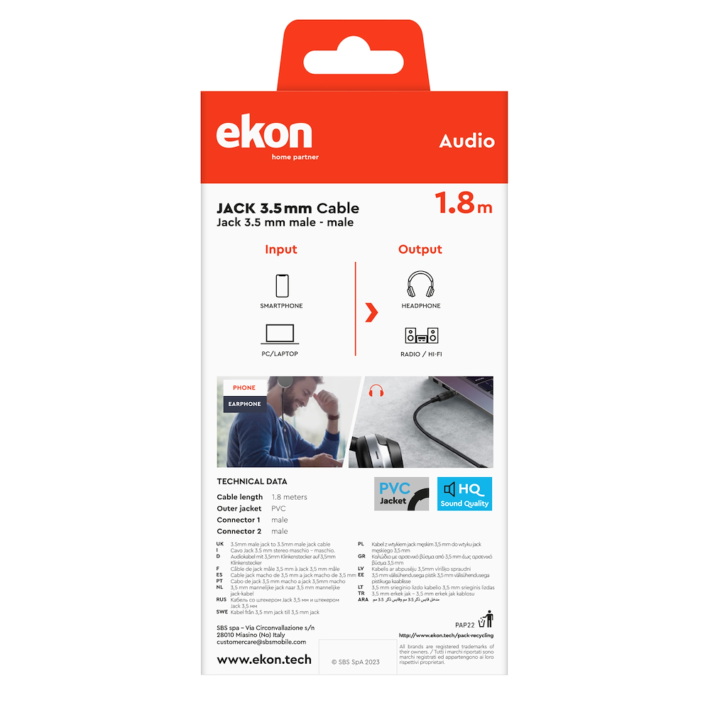 EKON ECAJACK18MMK - Cavo Jack 3.5mm Stereo Maschio 1.8mt