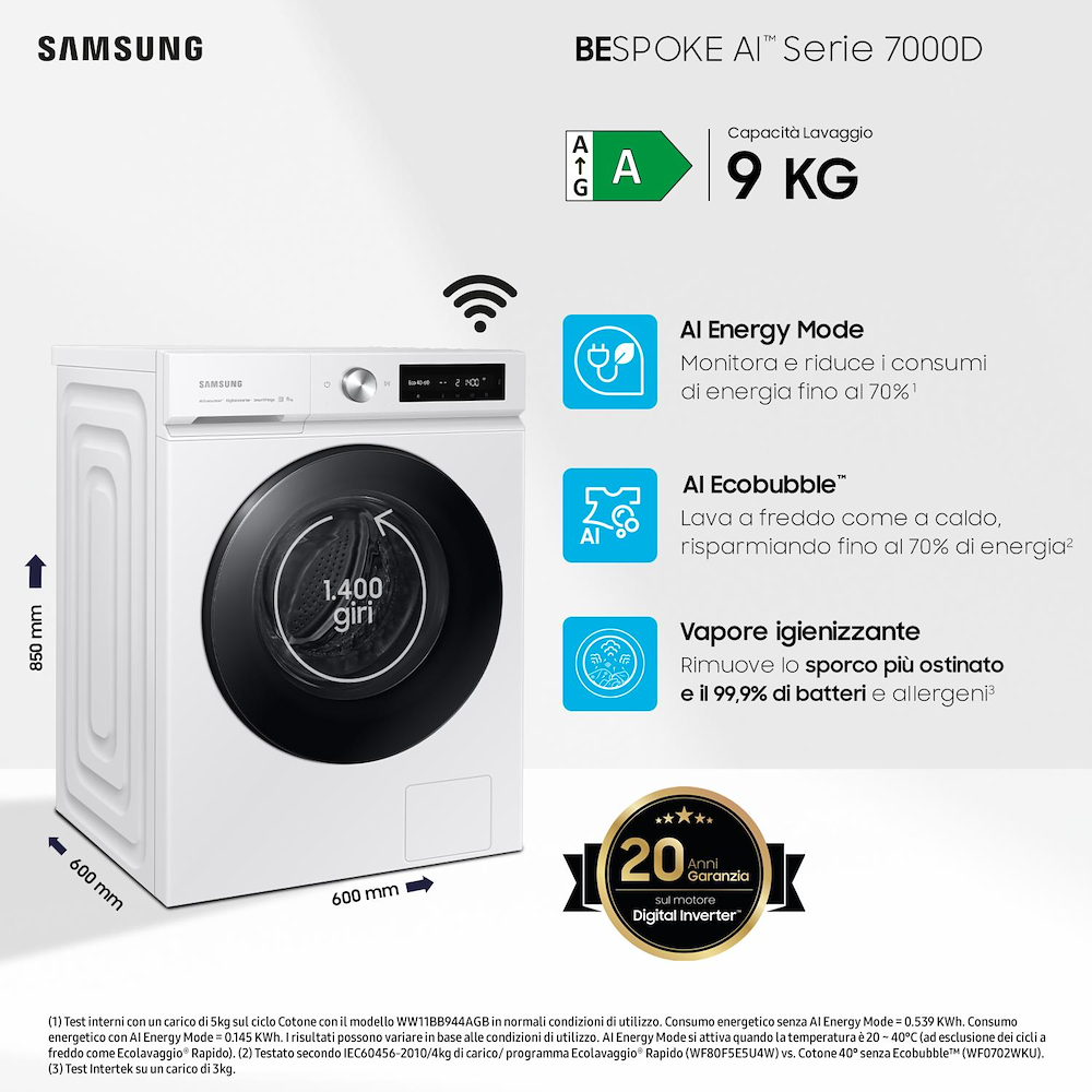 SAMSUNG WW90DB7U34GWU3 - Lavatrice AI 9kg