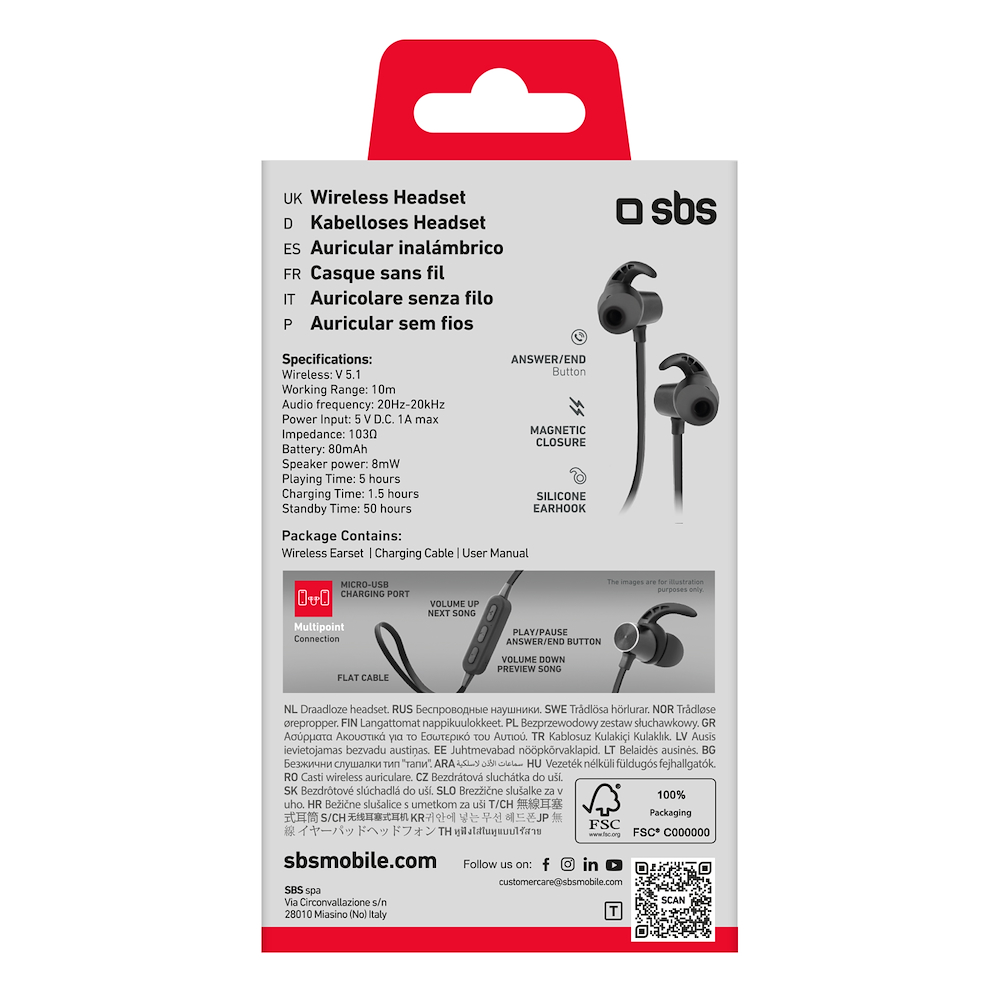 SBS TEEARBT501K - Auricolari Wireless Magnetici con Laccetto