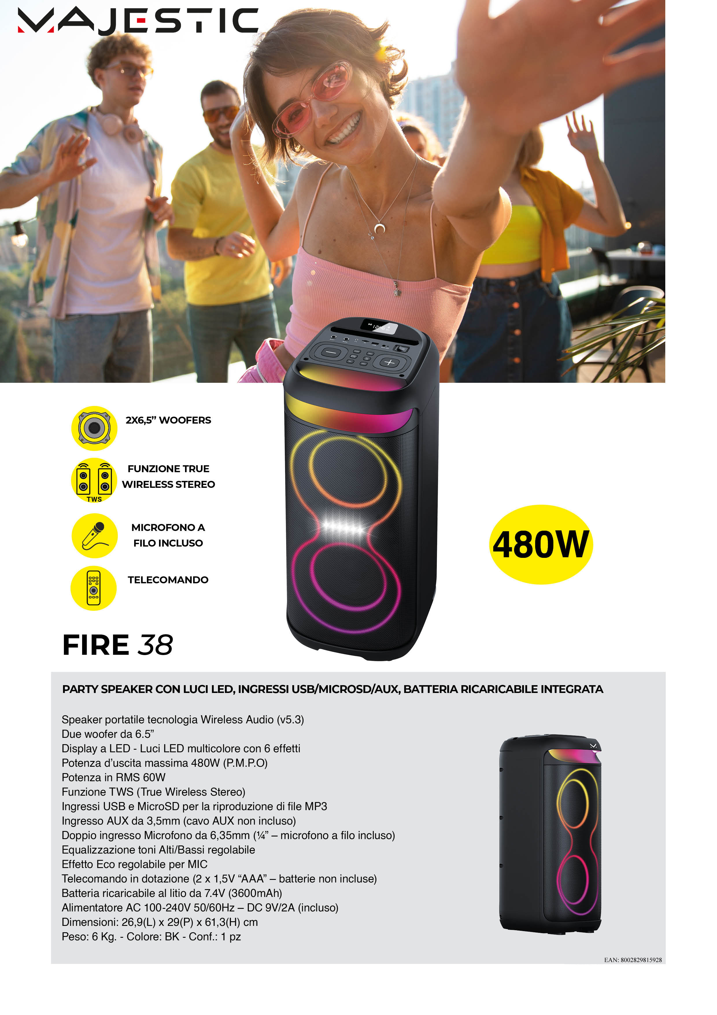 MAJESTIC FIRE38 - Altoparlante Party con luci LED