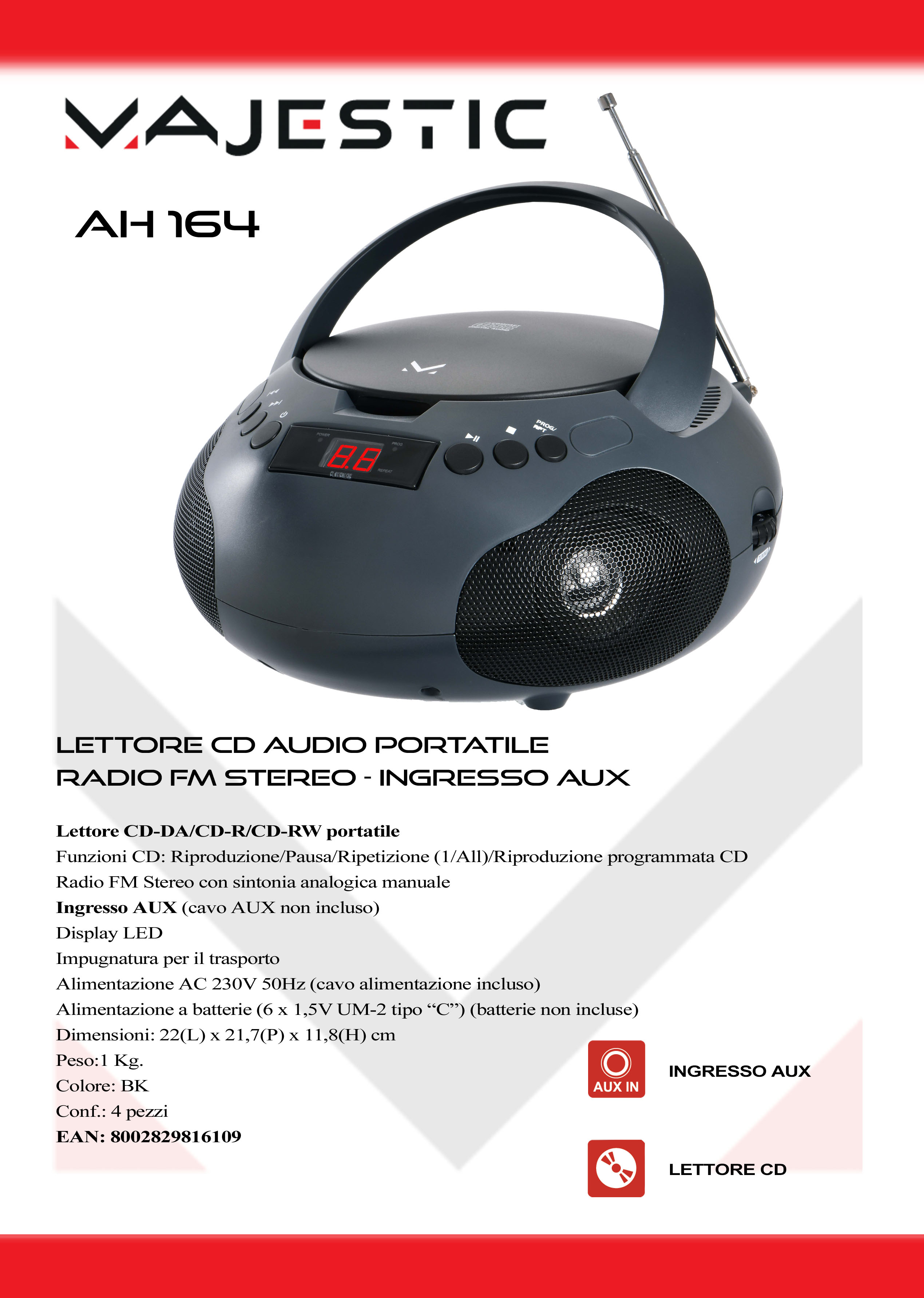 MAJESTIC AH164 - AH164 Lettore CD portatile con radio