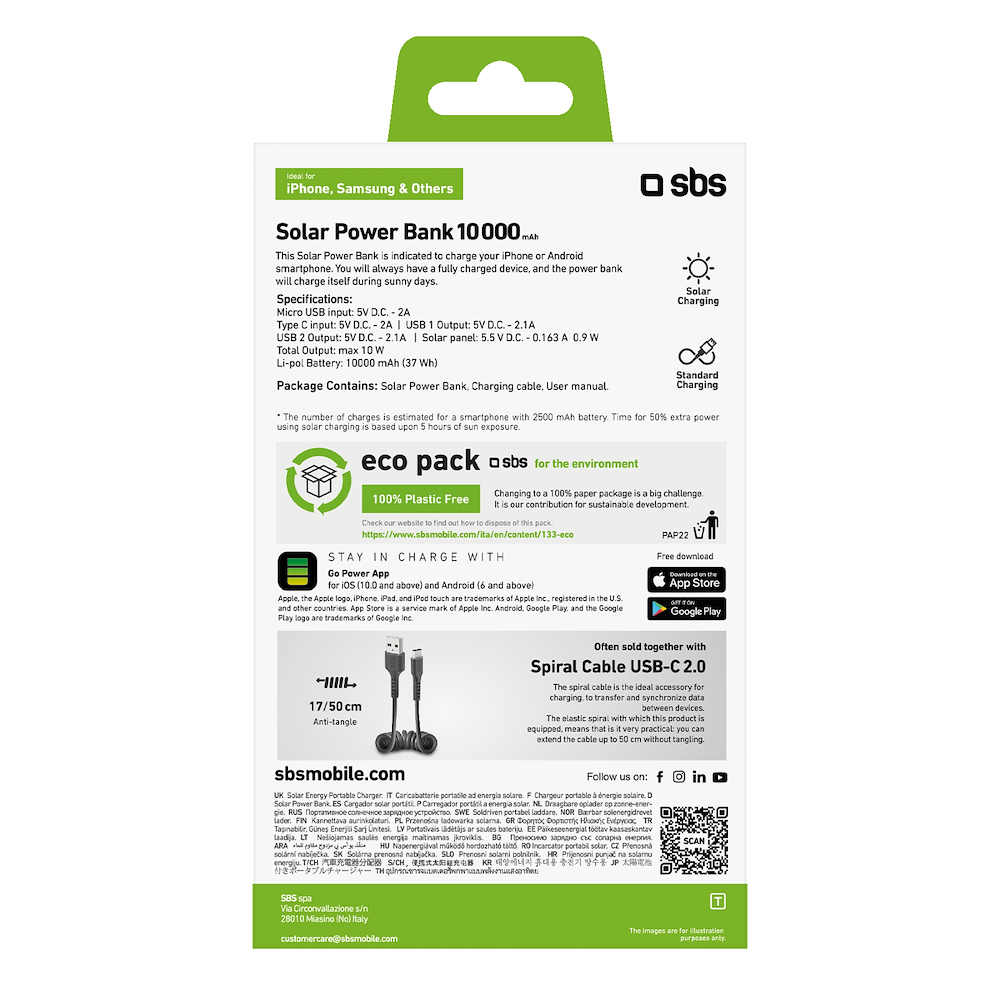 SBS TTBB10000SK - Power Bank con Pannelli Solari