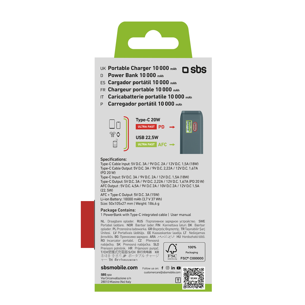 SBS TTBB10000LCDTCPD20A - Power Bank 10000mAh con display