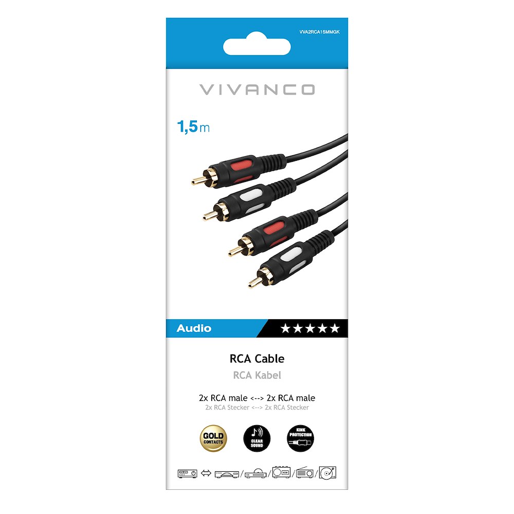 VIVANCO VVA2RCA15MMGK - Cavo RCA stereo oro 1.5m