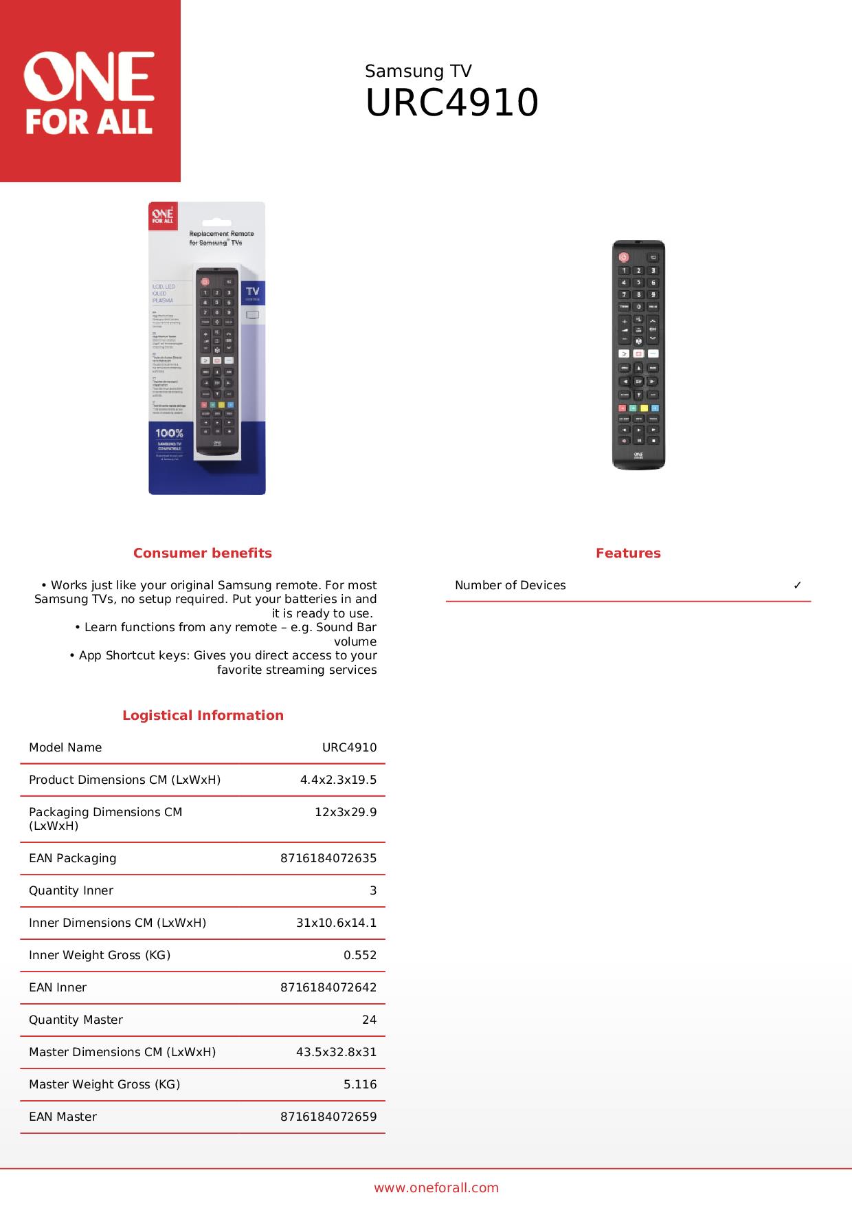 ONE FOR ALL URC4910 - Universelle Fernbedienung für Samsung TV ONE FOR ALL URC4910 - Universelle Fernbedienung für Samsung TV