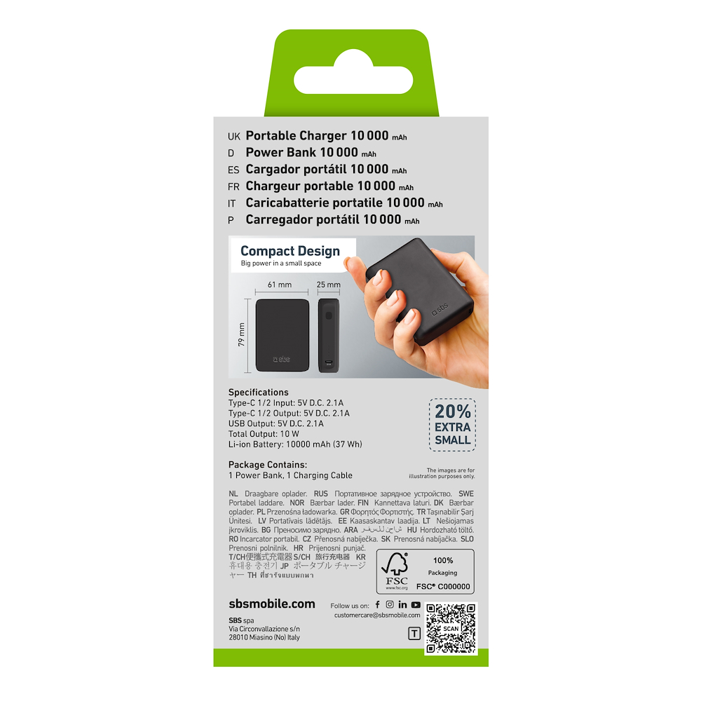 SBS TTBB10000MINIK - Power Bank 10000mAh con 3 porte USB