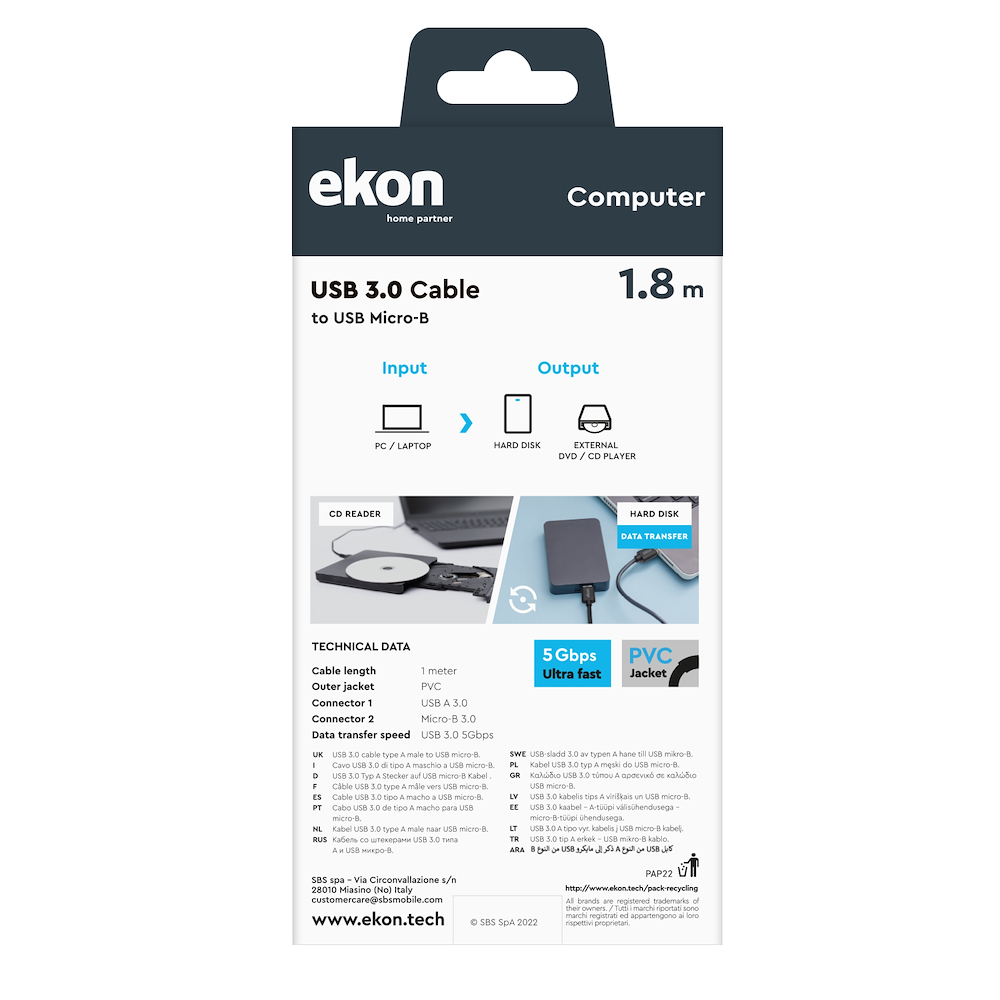 EKON ECITUSBMICB18MMK - Cavo USB 3.1 Micro B 1.8m