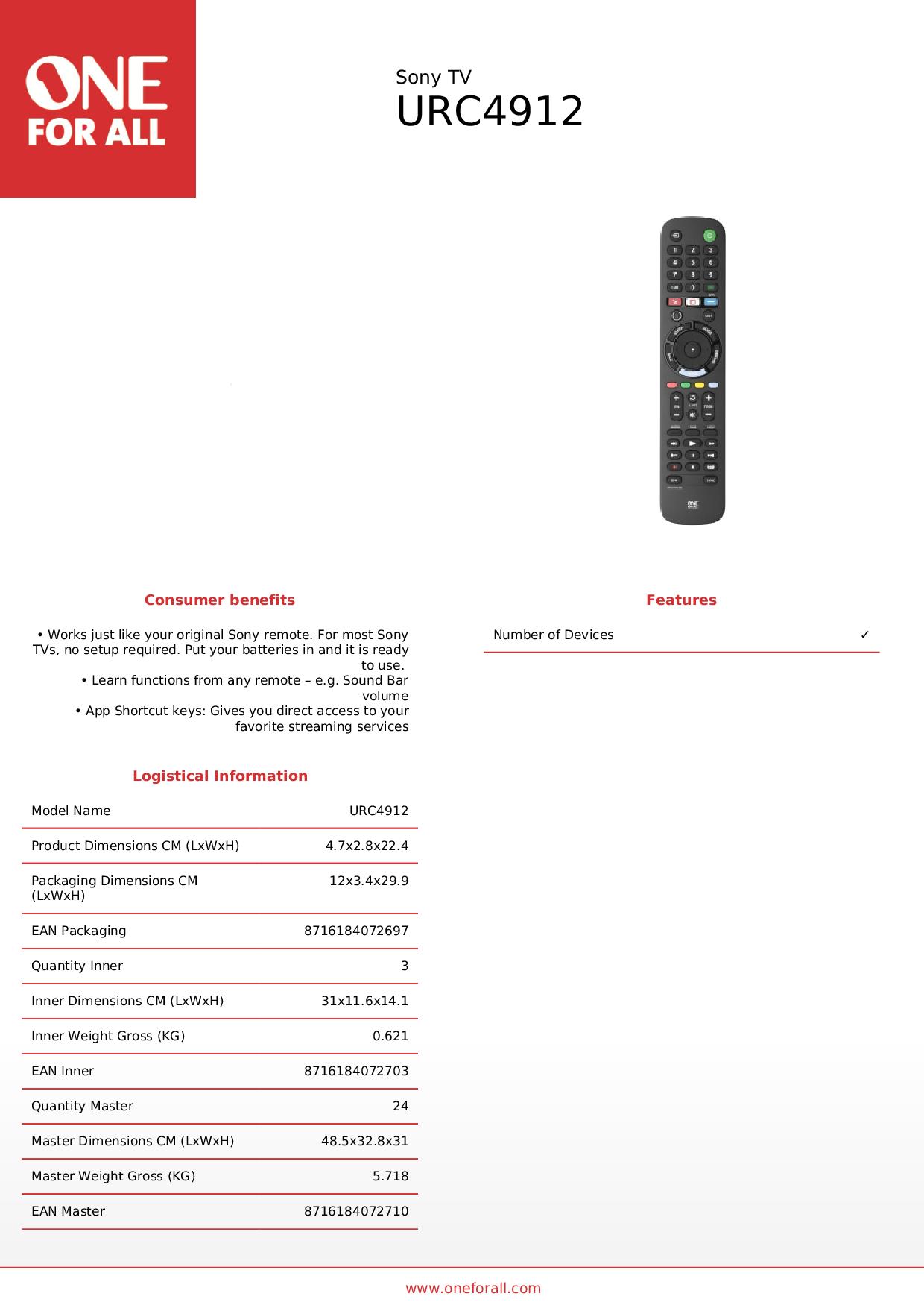 ONE FOR ALL URC4912 - One For All Ersatzfernbedienung für Sony TV ONE FOR ALL URC4912 - One For All Ersatzfernbedienung für Sony TV