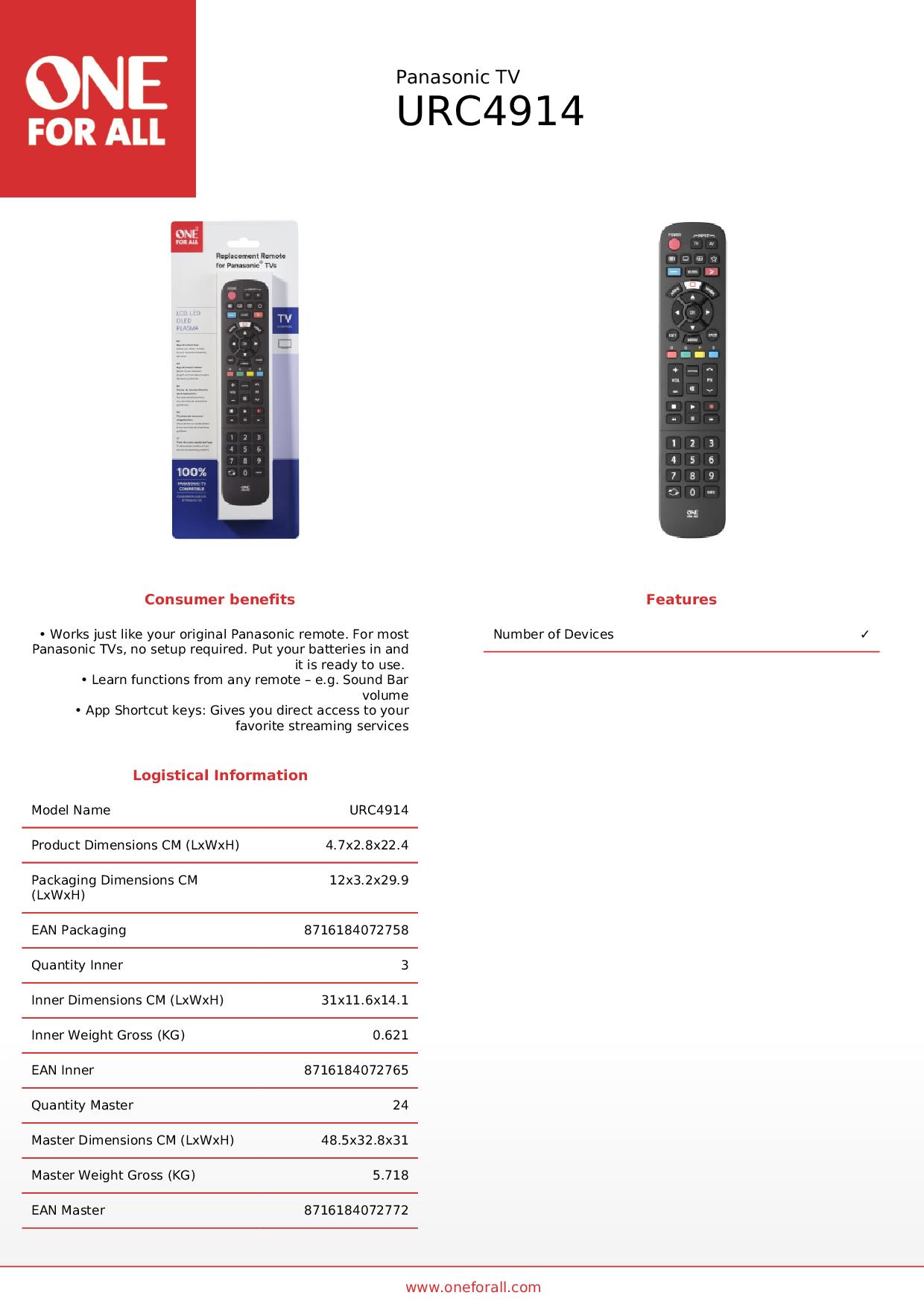 ONE FOR ALL URC4914 - Ersatzfernbedienung für Panasonic TV ONE FOR ALL URC4914 - Ersatzfernbedienung für Panasonic TV