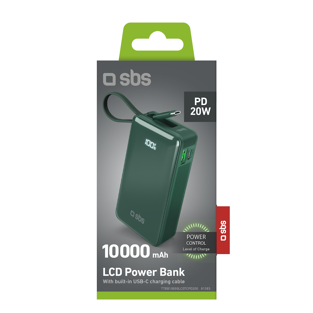 SBS TTBB10000LCDTCPD20G - Power Bank 10000mAh con Display