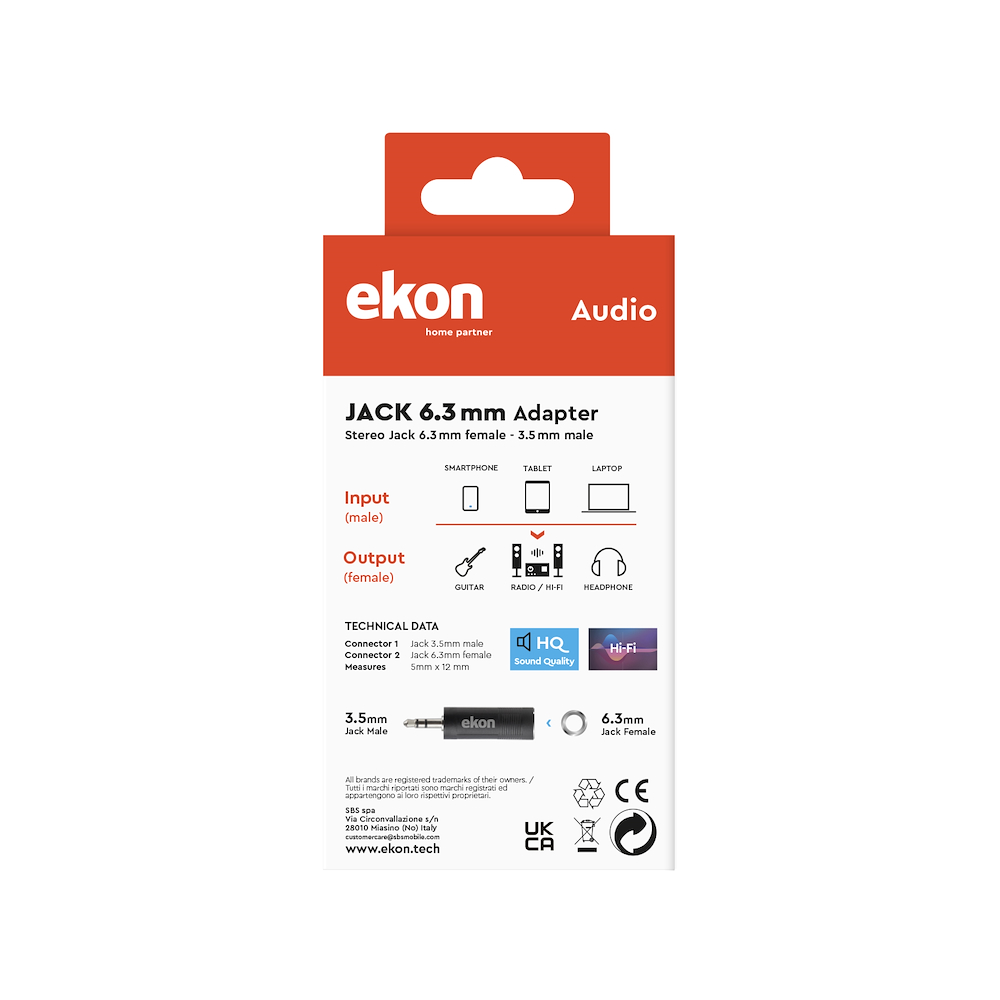 EKON ECAJACK63F35M - Adattatore audio 6,3 mm a 3,5 mm