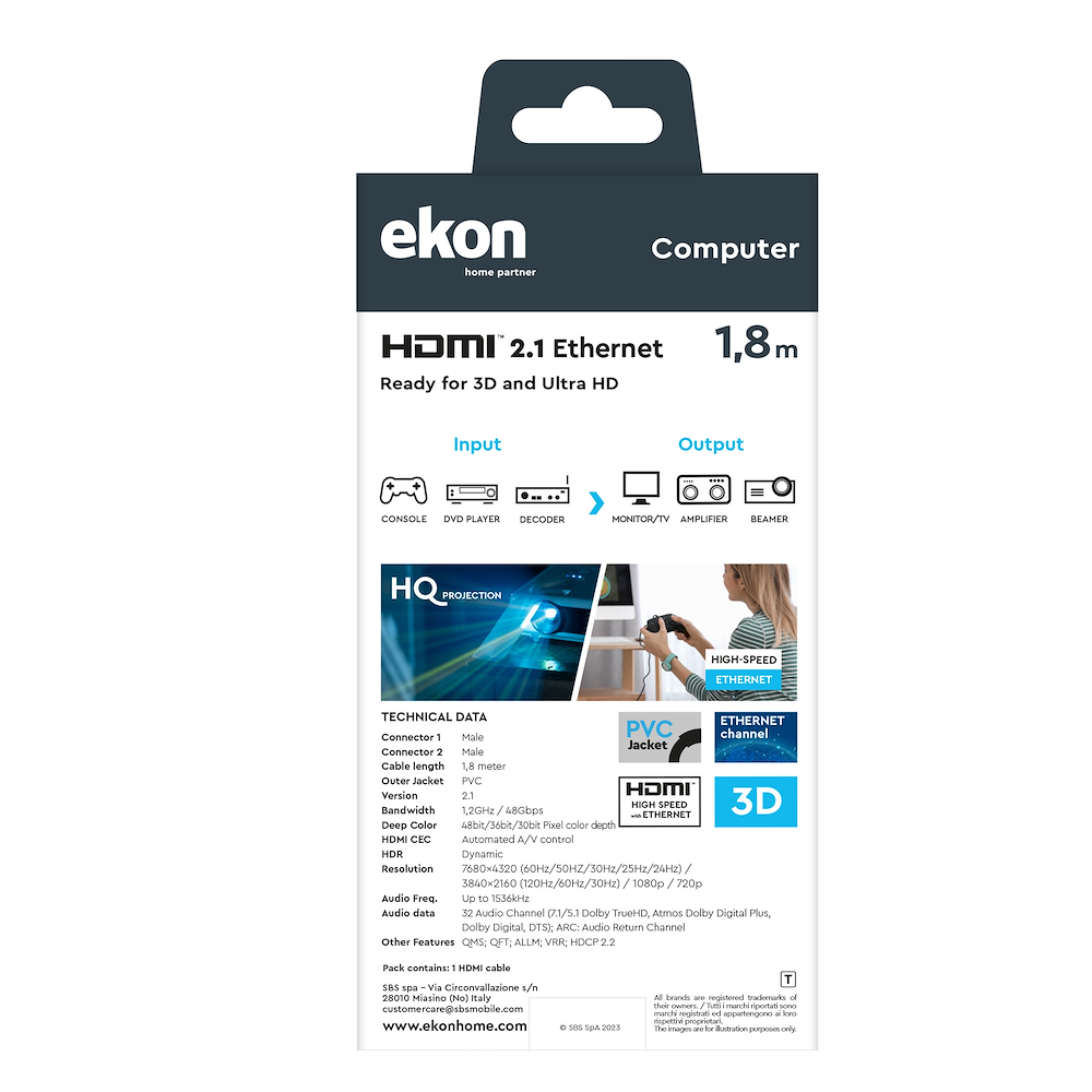 EKON ECITHDMI8K18MMK - HDMI Kabel 2.1 1.8 Meter