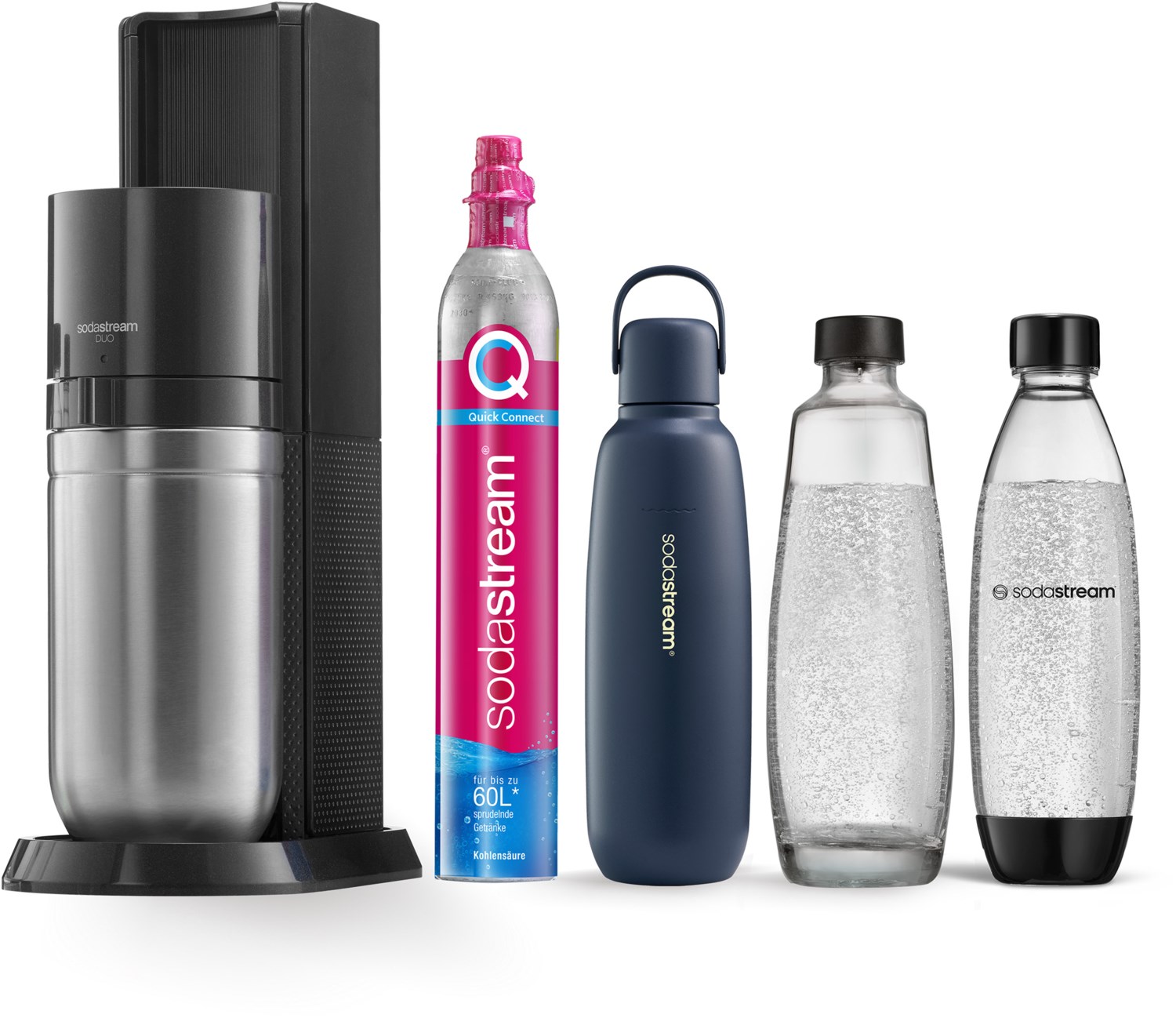 SODASTREAM DUO Allround Pack titan Wassersprudler inkl. 1 Glasflasche, 1 Kunststoff- Flasche & 1 Metallflasche Fizz&Go