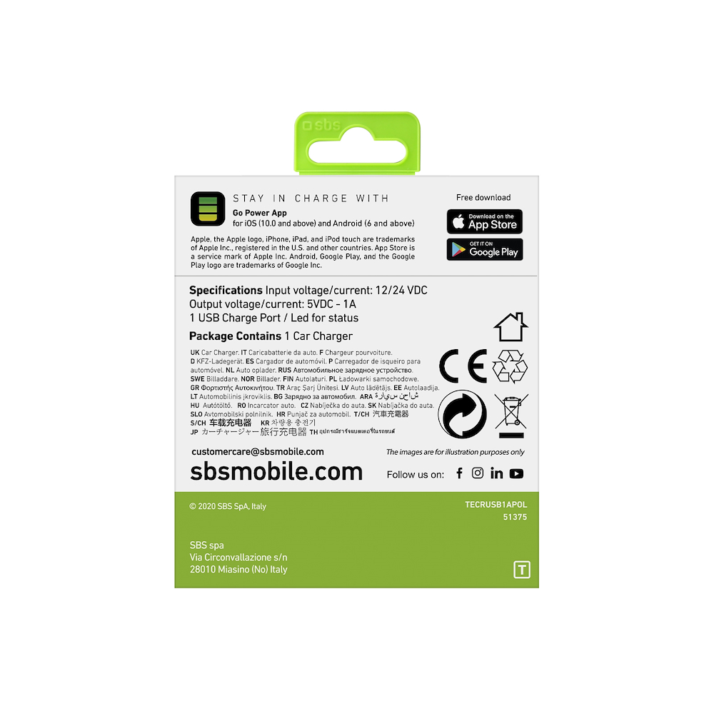 SBS TECRUSB1APOL - Mini USB Ladegerät 1A
