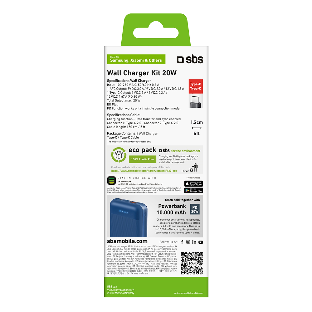 SBS TEKITTRPDCCK - Caricabatterie da viaggio USB-C 18W con cavo