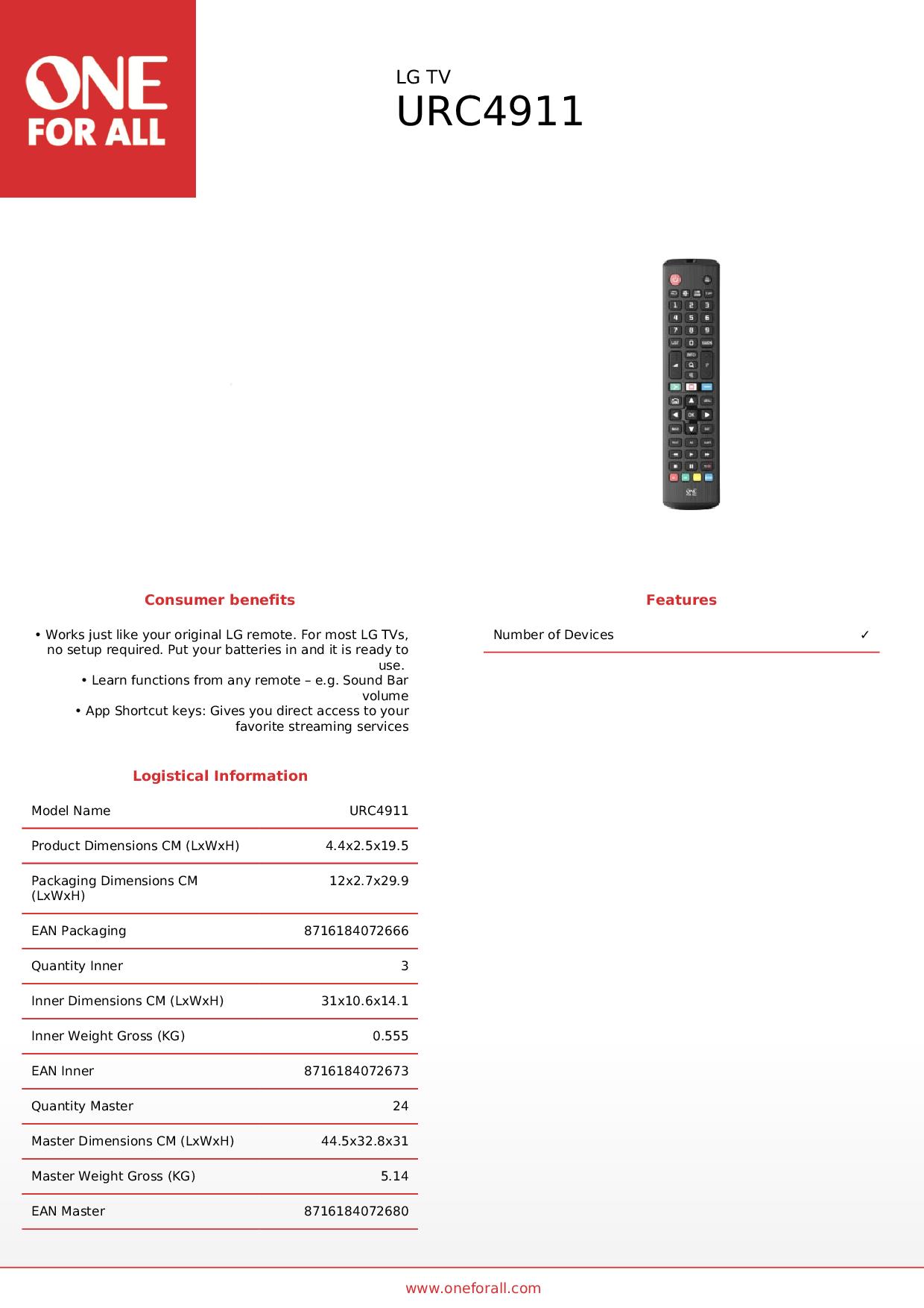 ONE FOR ALL URC4911 - Universelle LG Fernseher Fernbedienung ONE FOR ALL URC4911 - Universelle LG Fernseher Fernbedienung