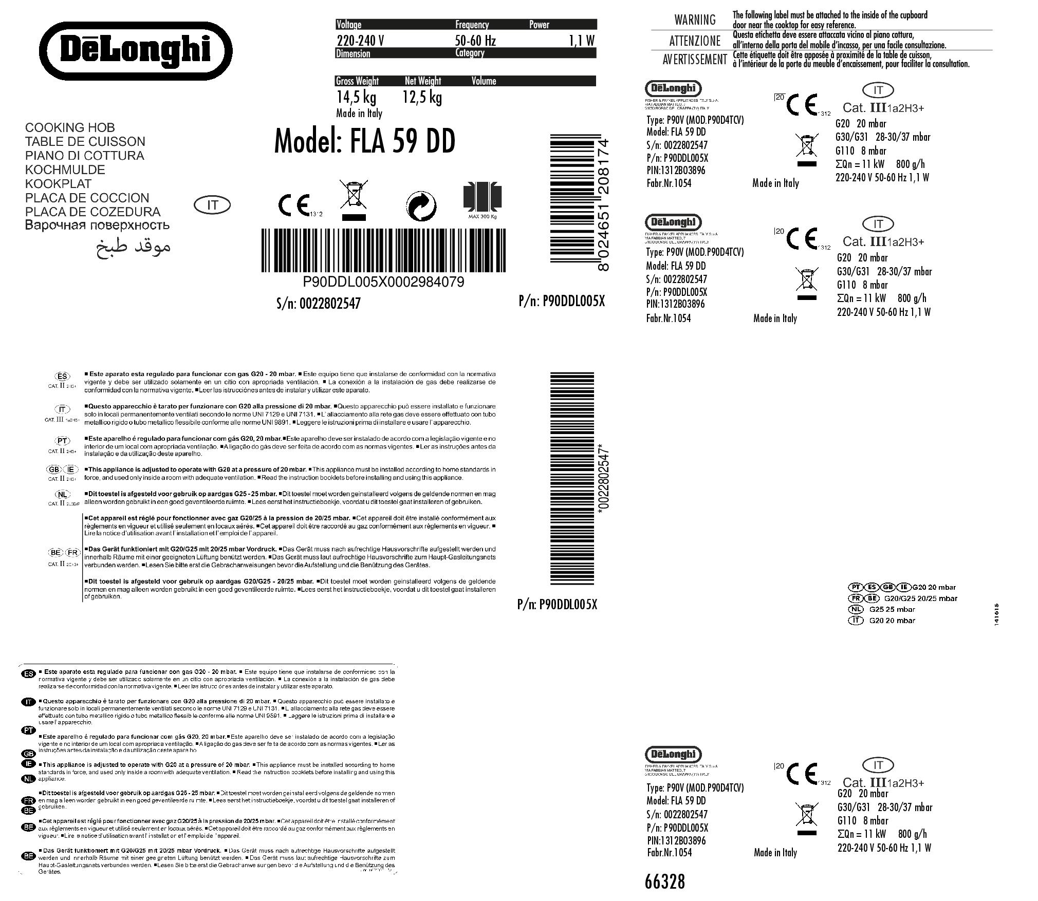 DE LONGHI FLA59DD - FLA59DD 0523230 P.COTT.GAS 90CM 4F+1TRIPL.COR. G.SMALT. INOX