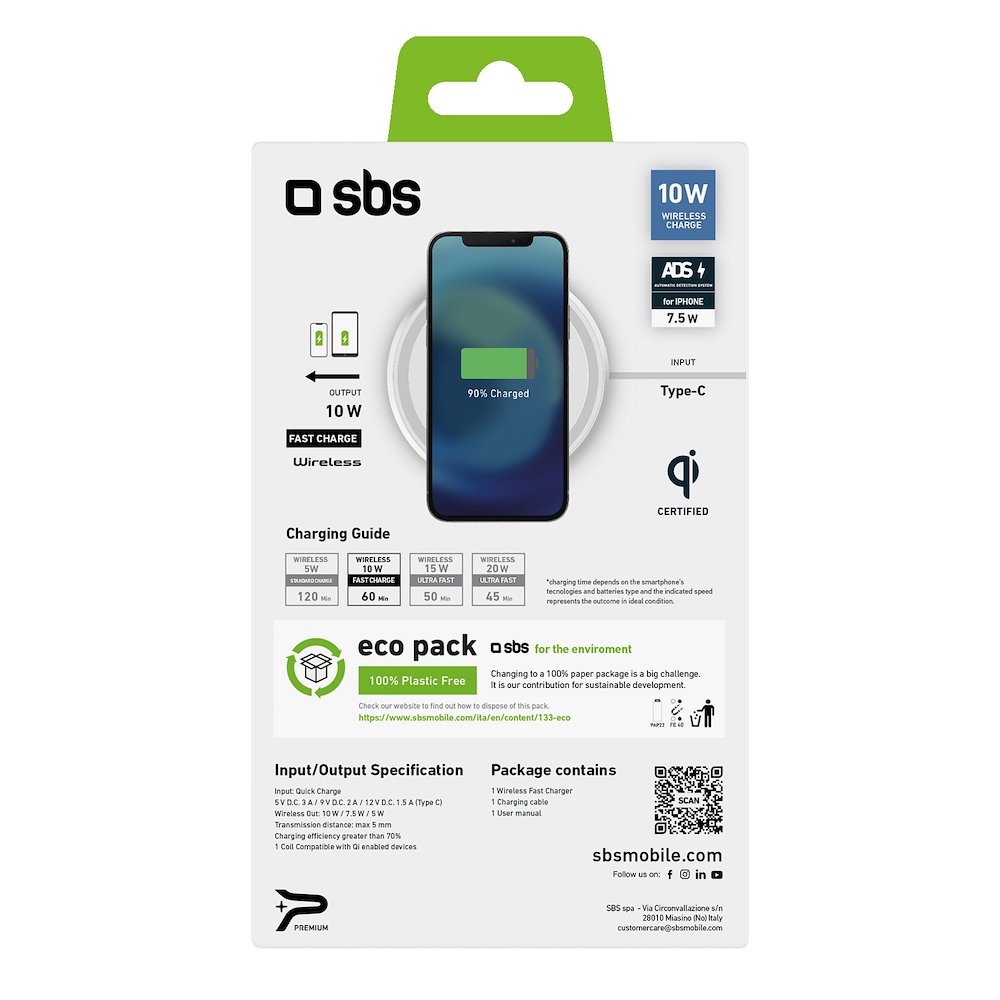 SBS TEWIRELESSUF10WW - Caricabatterie Wireless Fast Charge 10W