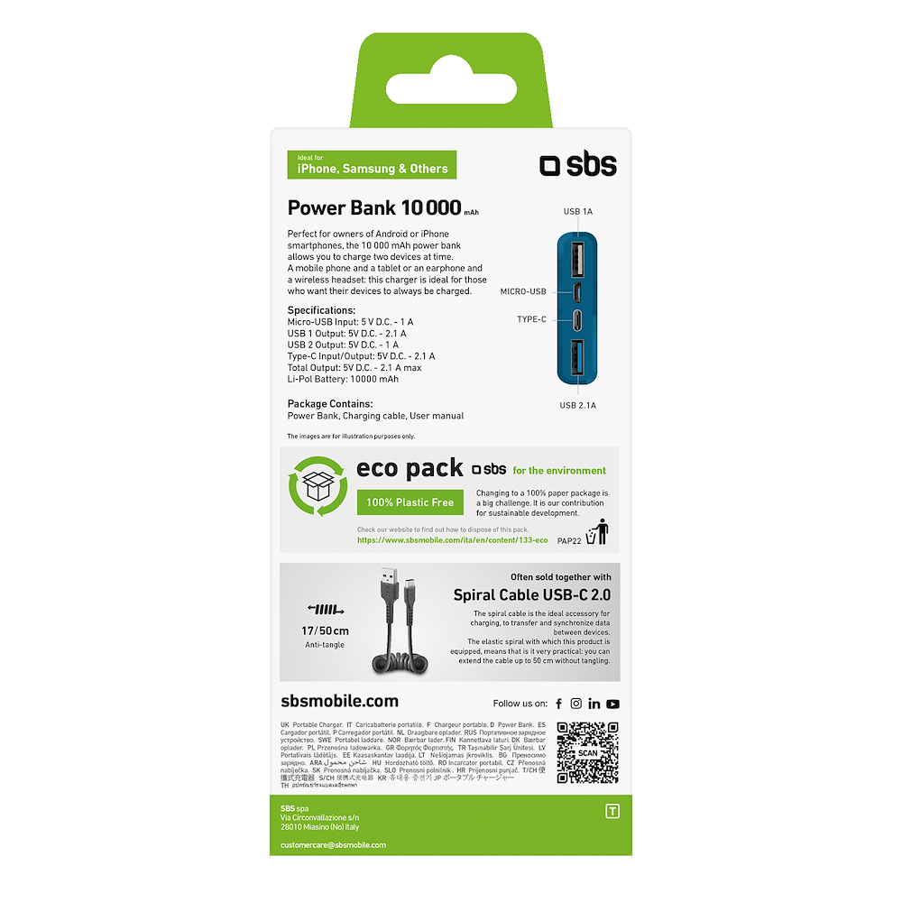 SBS TTBB10000FASTA - Power Bank 10.000mAh Azzurro