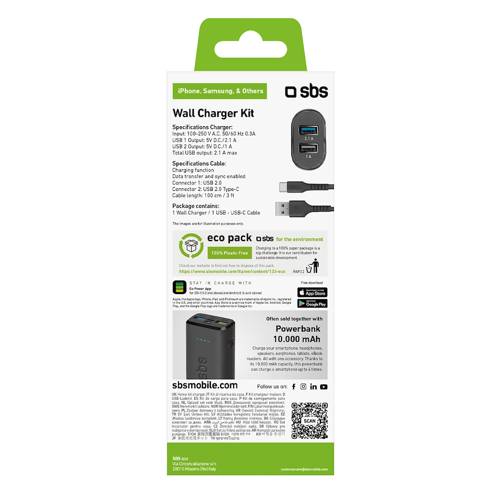 SBS TEKITTRC2U2AFASTK - Reiseadapter mit 2USB und Kabel