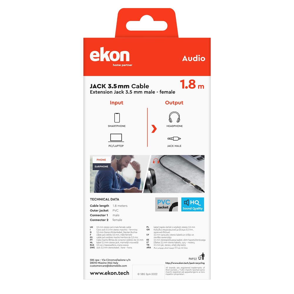 EKON ECAJACK18MFK - Cavo Jack 3.5mm Maschio-Femmina 1.8mt