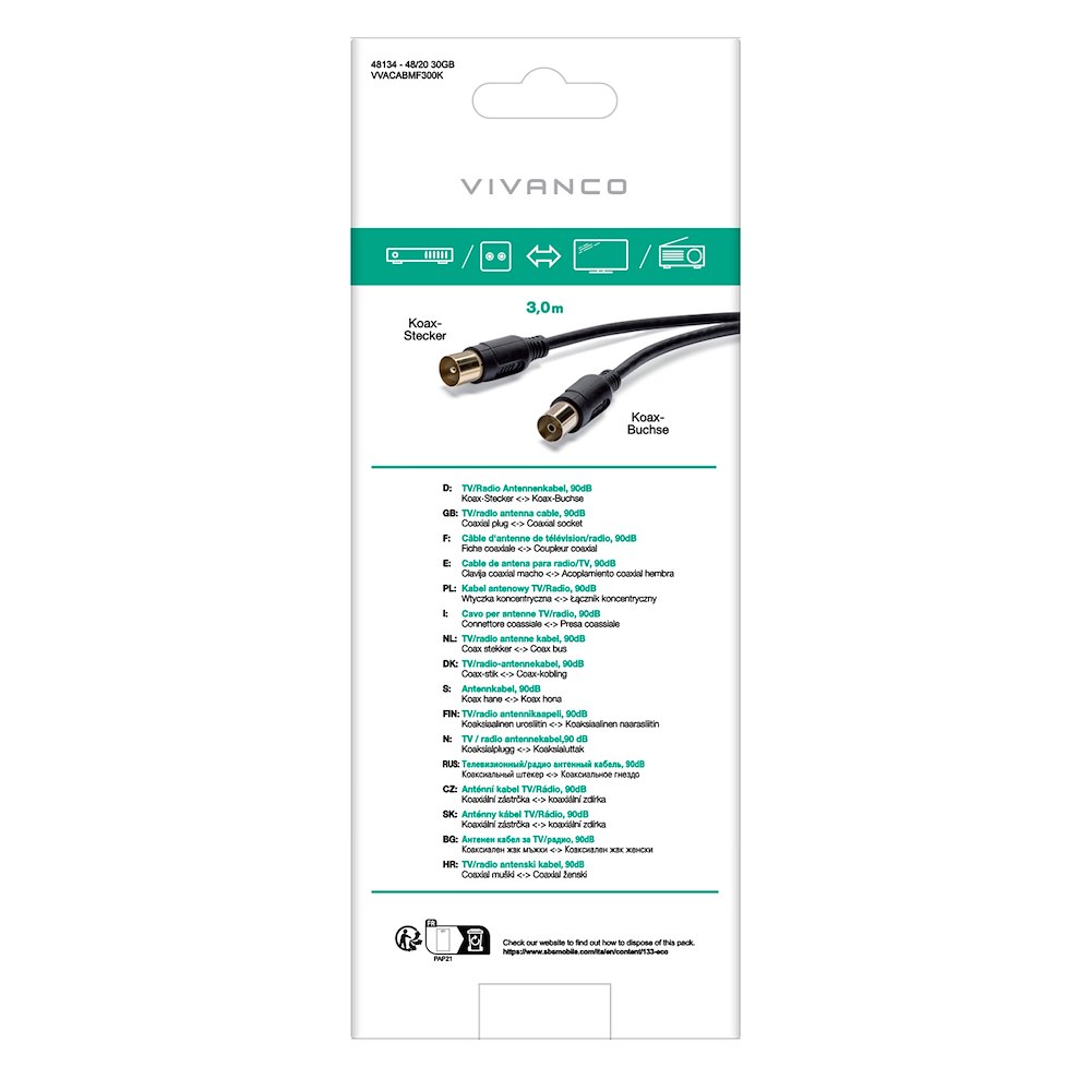 VIVANCO VVACABMF300K - Cavo Coassiale Antenna 3M