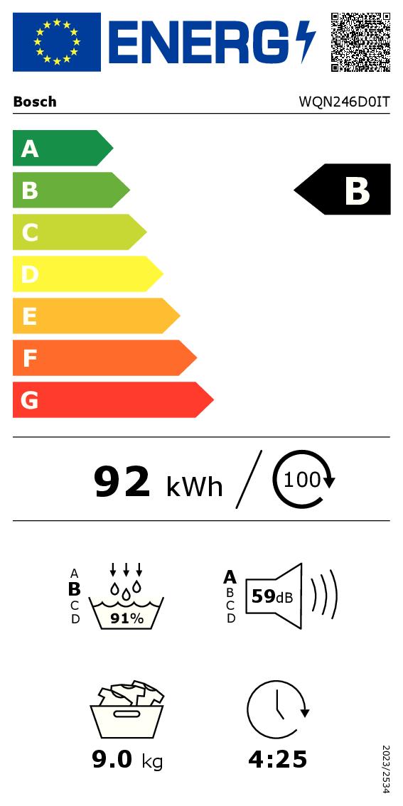BOSCH WQN246D0IT - Asciugatrice 9 kg Pompa Calore